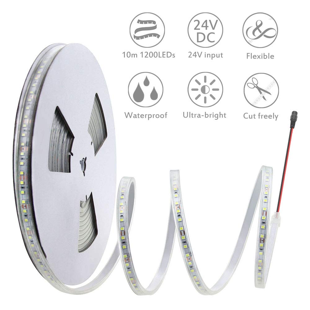 ALITOVE 24V LED Strip Lights, 32.8ft, 1200 LEDs, Waterproof, Daylight White, SMD 2835, Model 817bfbe4-485