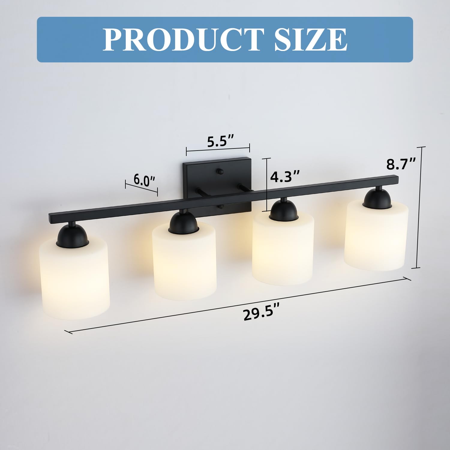 Mecgirn 4 Light Bathroom Vanity Light, Matte Black Metal Fixture with Frosted Glass, Model B0003-4-Black
