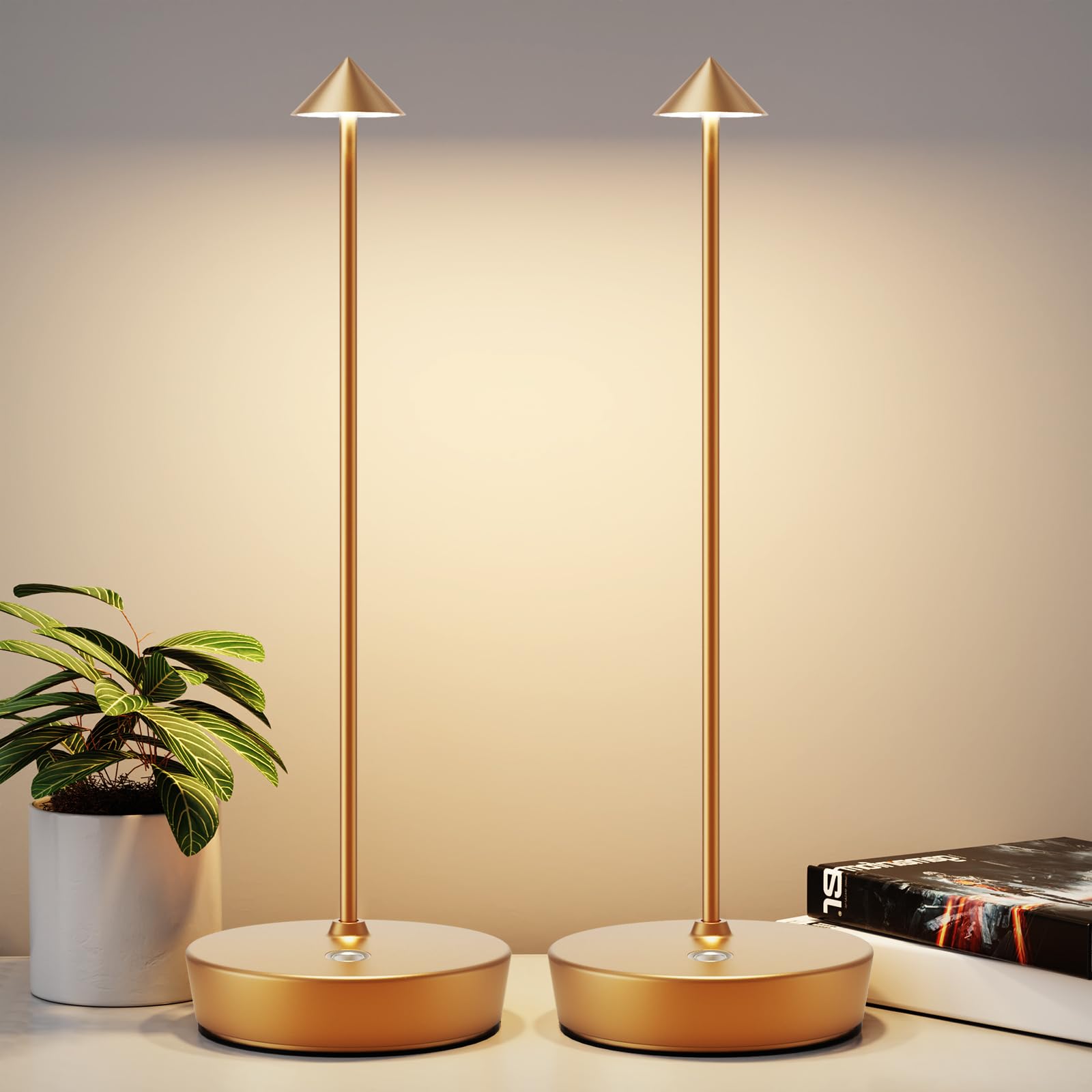 YIBEN Rechargeable Cordless Table Lamp, LED Battery 6000mAh, 3 Levels Brightness, 2pack Gold, Model X12