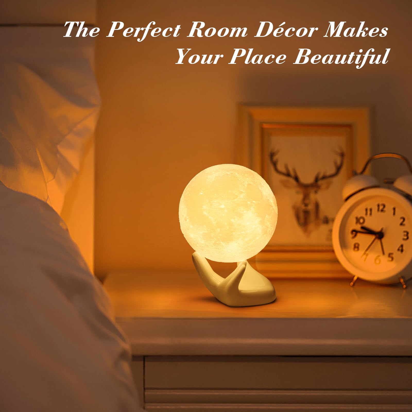 Mydethun 3D Moon Lamp - Ceramic Base, Touch Control LED Night Light, 3.5 Inch, White & Yellow, Model YQD12, Perfect Gift for Home Décor