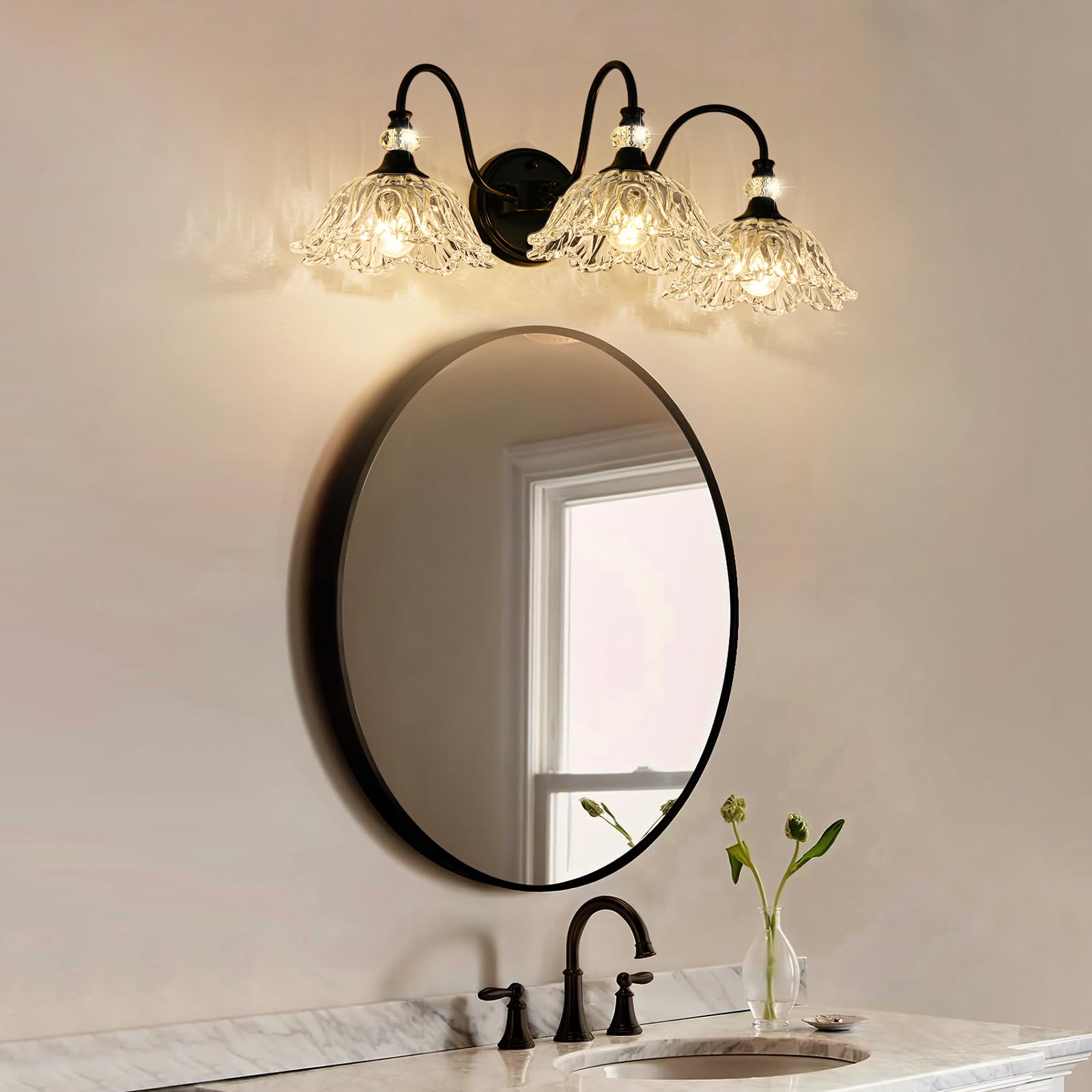 Black Bathroom Vanity Light 3-Light Vanity Light With Crystal Glass Shades Vintage Farmhouse Vanity Lighting For Bathroom And Dressing Table