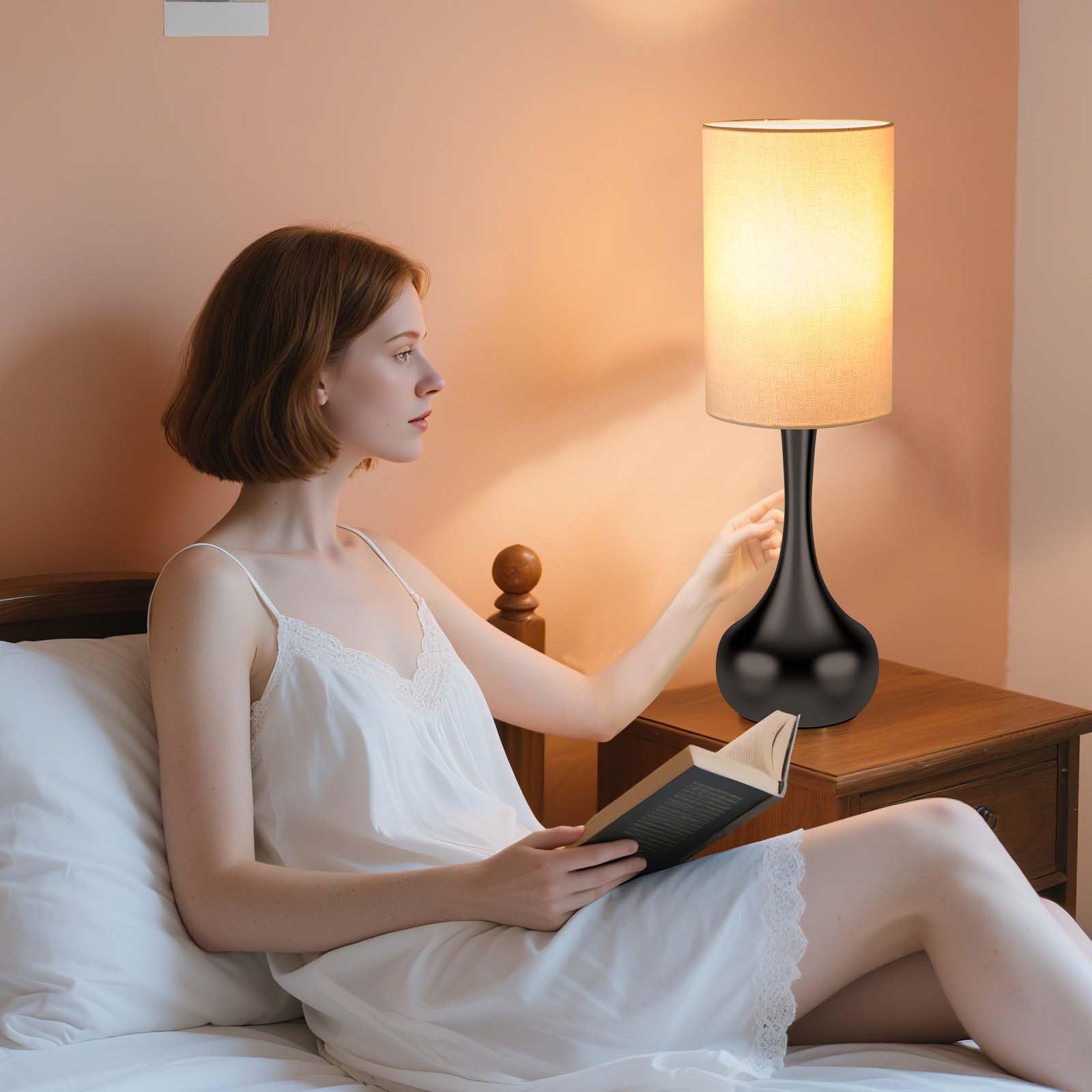 LEDIKON Touch Control Bedside Lamp,3-Way Dimmable,Modern Black Table Lamp, Space Saving Small Nightstand Lamp for Bedroom, Livin