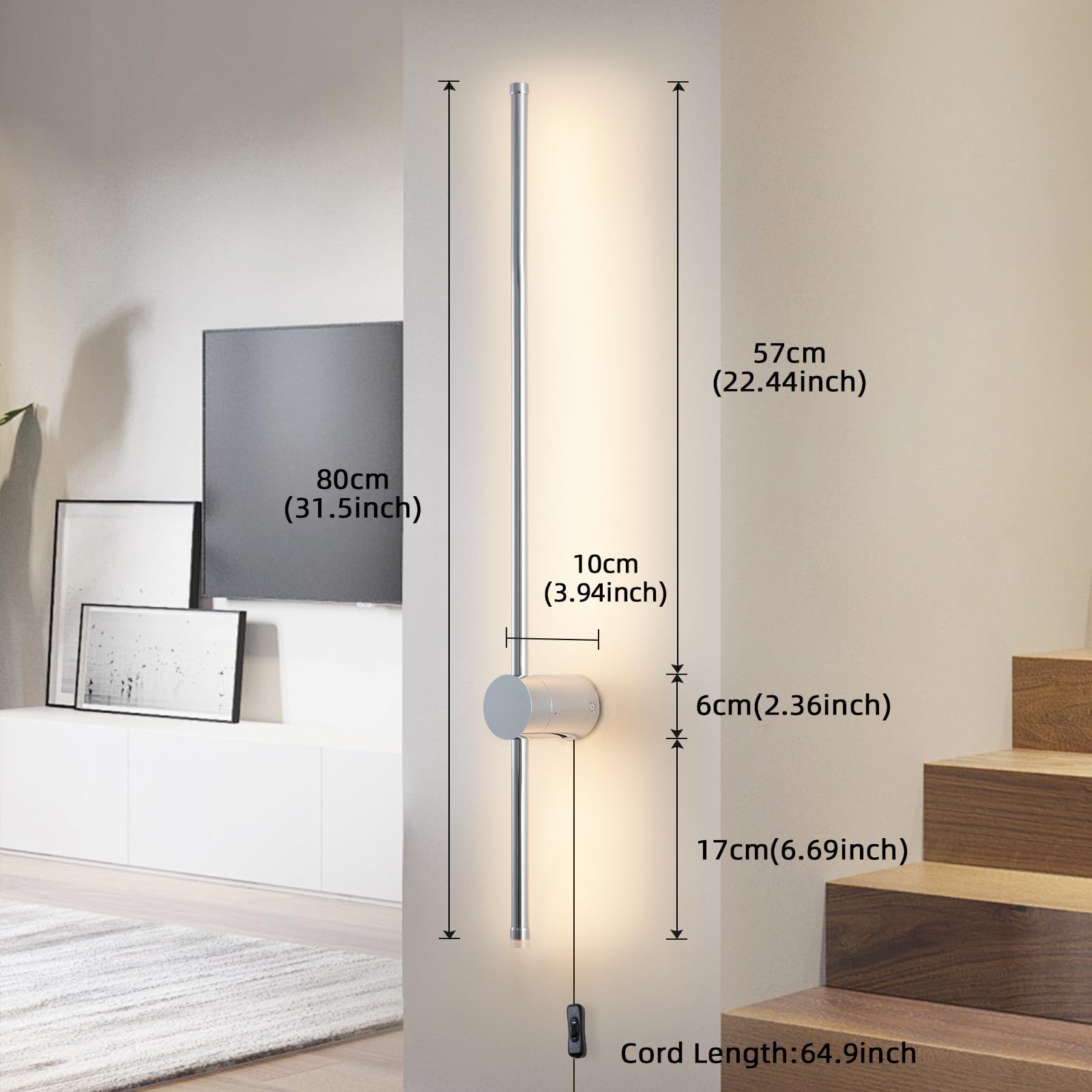 Keluoly Modern Chrome Plug In Wall Sconce With Remote, Dimmable 31.5" Led Wall Sconces Set Of Two With Memory Function, Adjustable Color Temperature Brightness, Timer, 350° Rotate, Hardwire Or Plug-In
