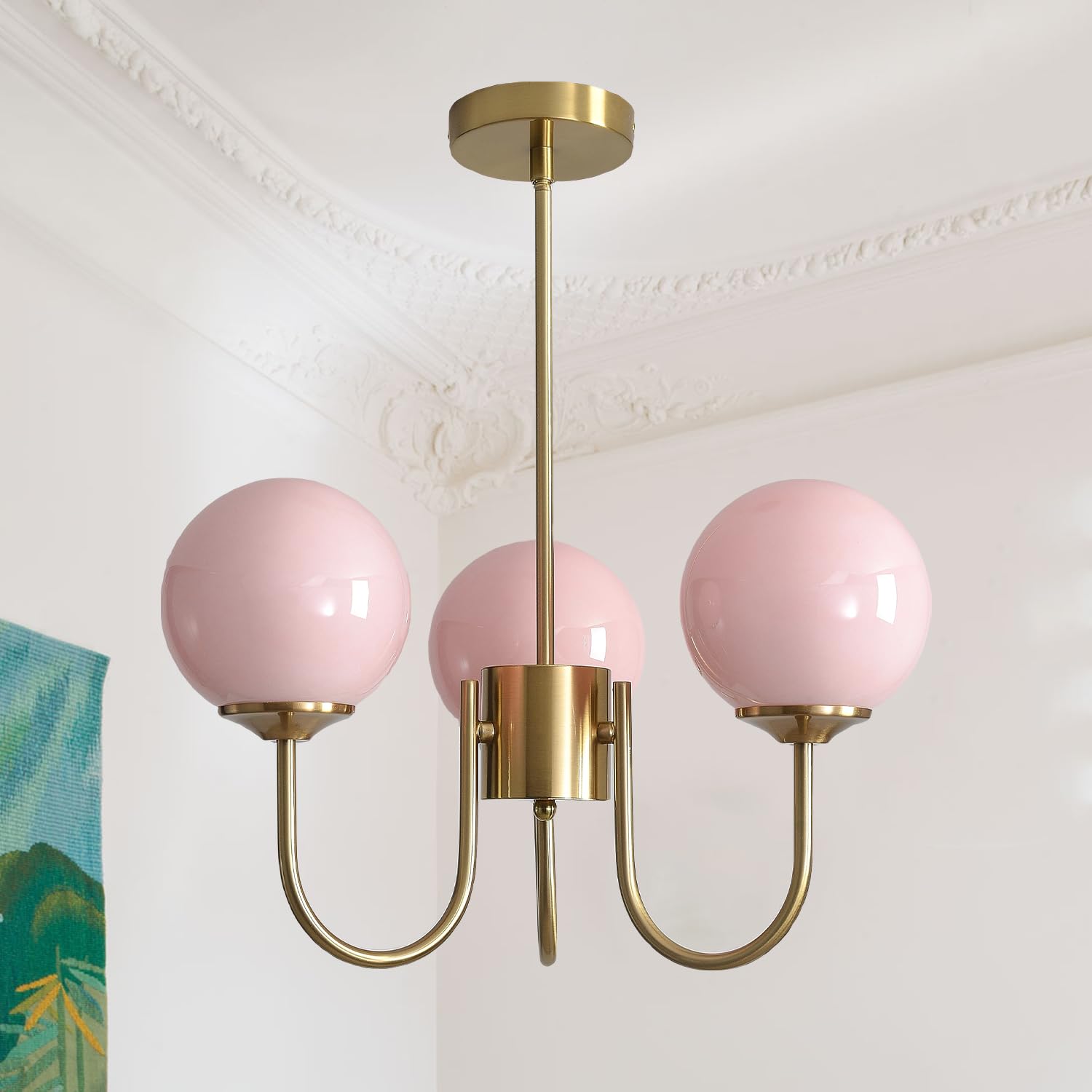 APLampara Mid Century Pink Bubble Chandelier  3 Lights 16in Sputnik Chandeliers for Girls Room  Brass Gold Chandelier Hanging Light Fixture for Bedroom Nursery Room Dining Room Kitchen Island