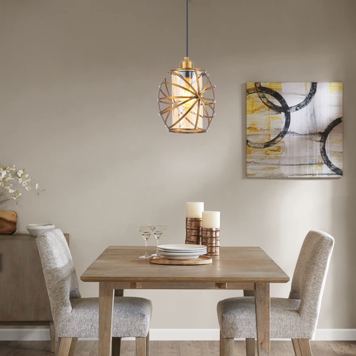 YLONG-ZS Gold Plug-in Pendant Light, Dimmable Glass Hanging Lamp for Kitchen Island, Bedroom, Living Room, Model YL26A-Gold