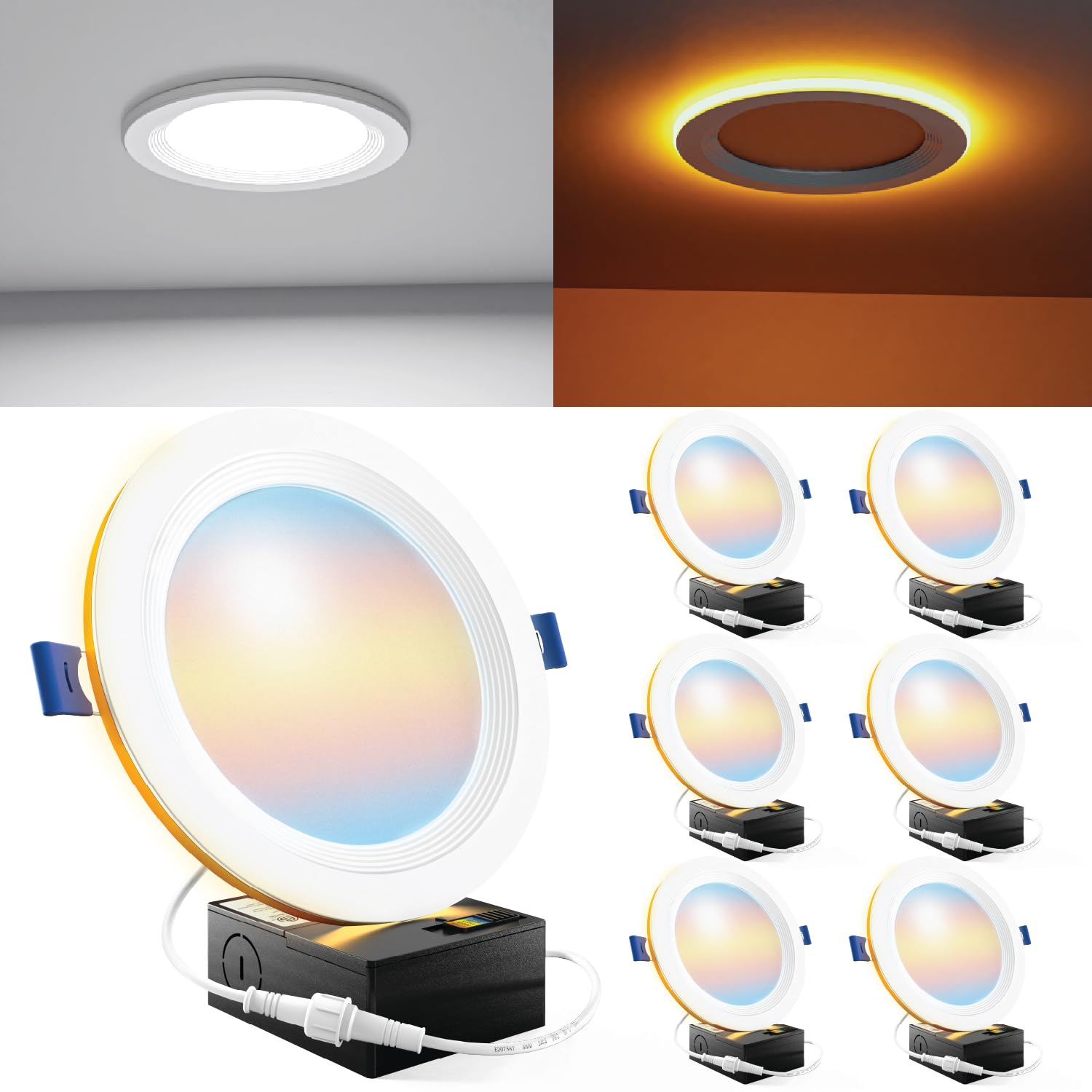 Sunco 6 Pack 6 Inch LED Recessed Light with Night Light, Flush Mount Ceiling Light, Baffle Trim Slim Can Lights, 1500 LM, Select