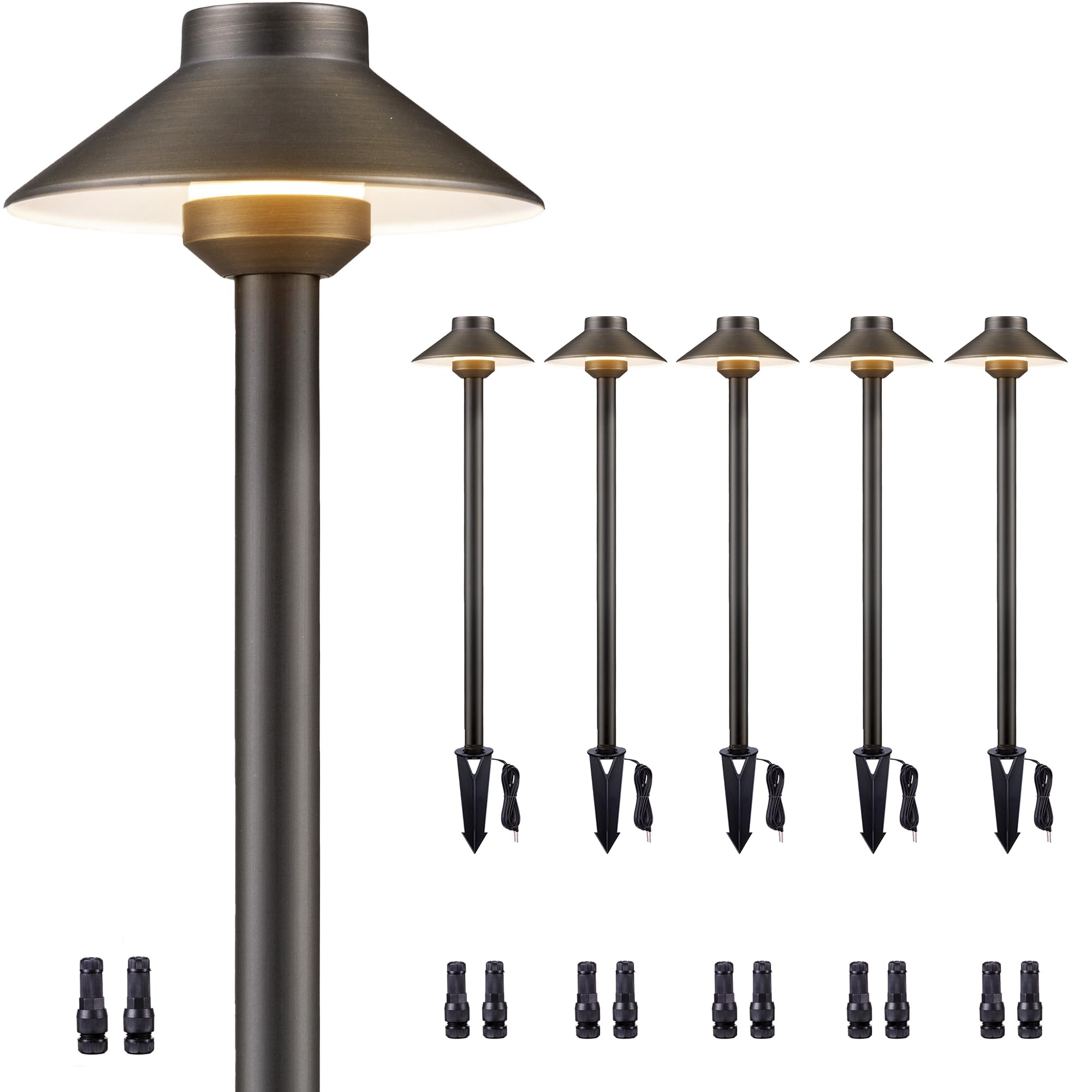 Gardenreet Brass Low Voltage Pathway Lights - 12V Landscape Path Lights Wired, Led Walkway Light Waterproof Ip65, Hat Shaped ?Classic Bronze For Outdoor Entrance Garden G4 Bulb Not Included (6 Pack)