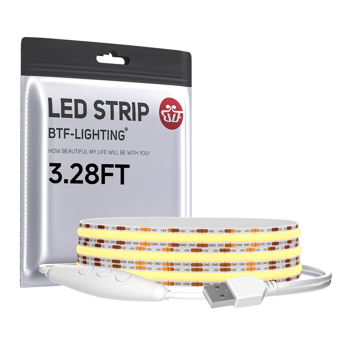BTF-LIGHTING FCOB COB FOB LED Band Lights 5V USB Powered 3.28FT 320LEDs Warm White 2700K 8mm Width Dimmable CRI 90+ with 3M Tape Flexible High Density for 3D Printer TV Backlight PC DIY Decor