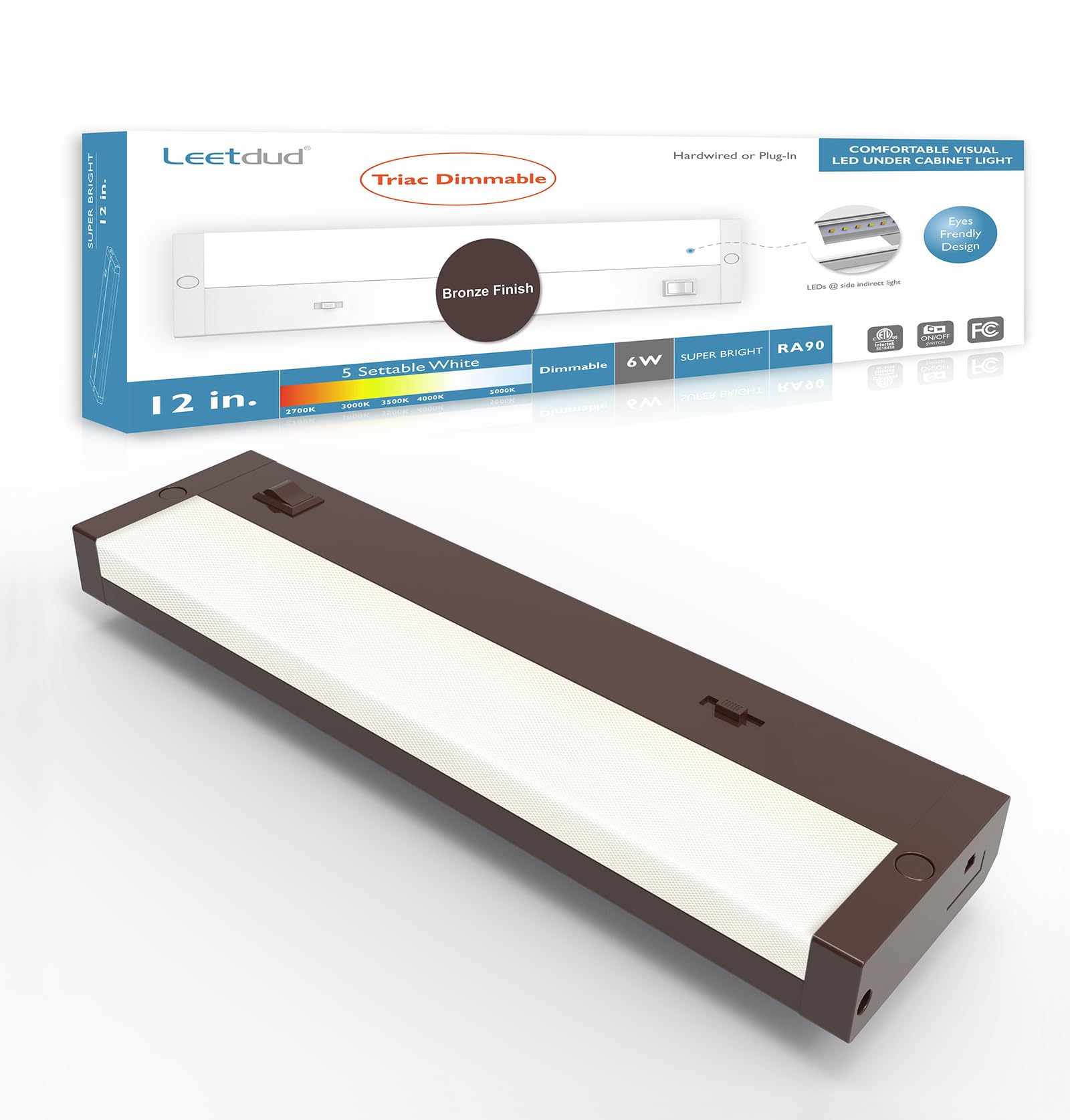 Leetdud LED Under Cabinet Lighting, Dimmable 5 Color, 12 Inch, Bronze, Hardwired/Plug-in, ETL Listed, Model AirKitPro-1206WU-T