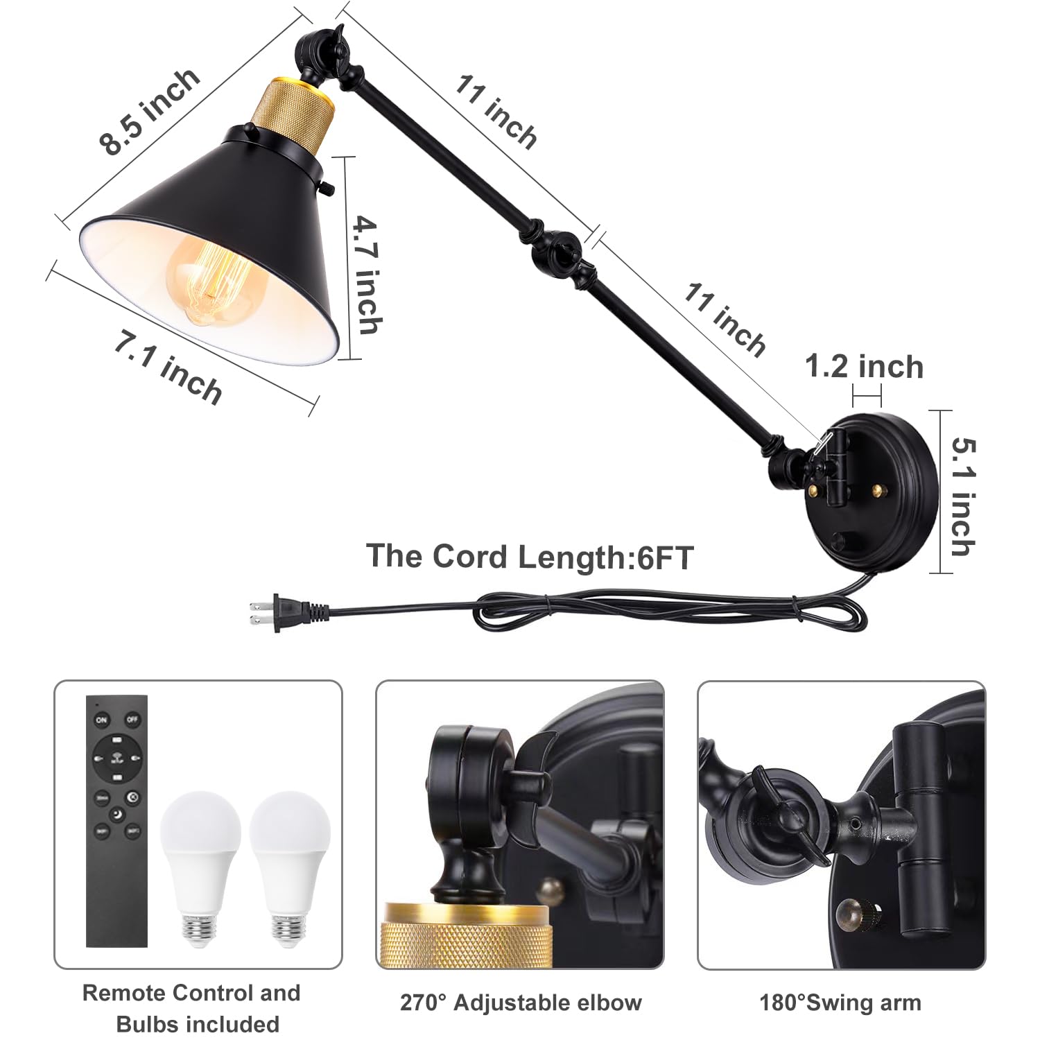 TRLIFE Dimmable Wall Sconce, Remote Control, Adjustable Color Temp 2700K-6000K, 2 Pack, Black, Metal, Model Two-Arms-01-2Re