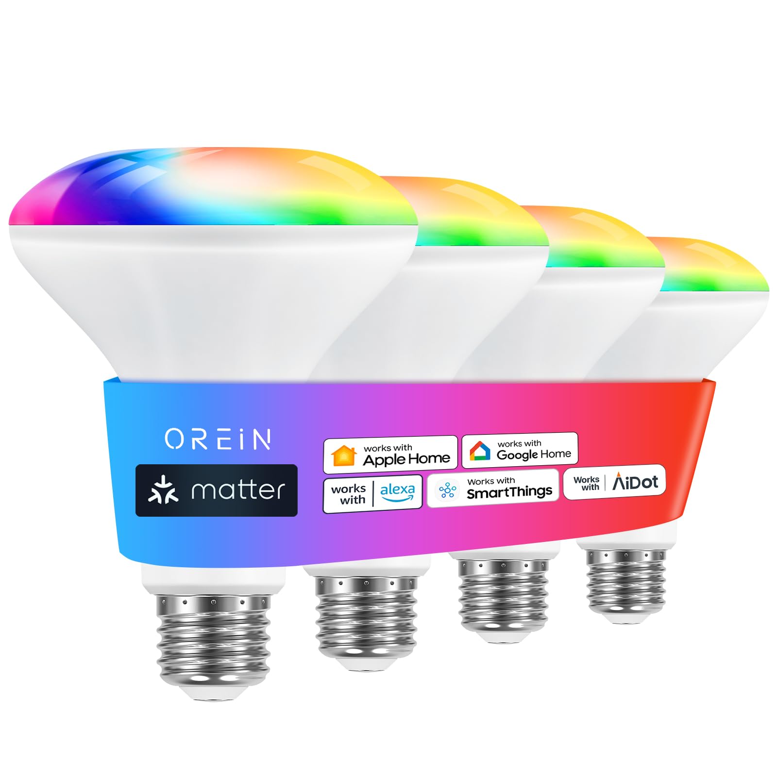 OREiN Matter Smart Light Bulb, BR30 Smart Light Bulbs 650LM 60W, Recessed Color Changing Bulbs RGBTW, Smart Flood Light Bulb Compatible with Alexa, Apple Home, Google Home, SmartThings, 4Pack