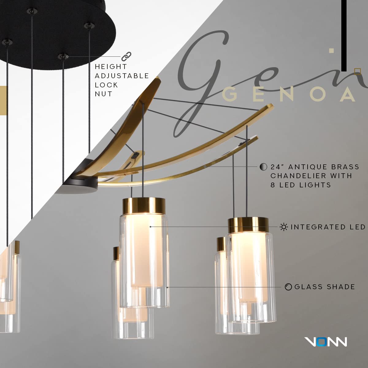 Vonn Lighting Genoa 24&quot; Height Adjustable Led Pendant Chandelier With 8 Glass Shades - Black