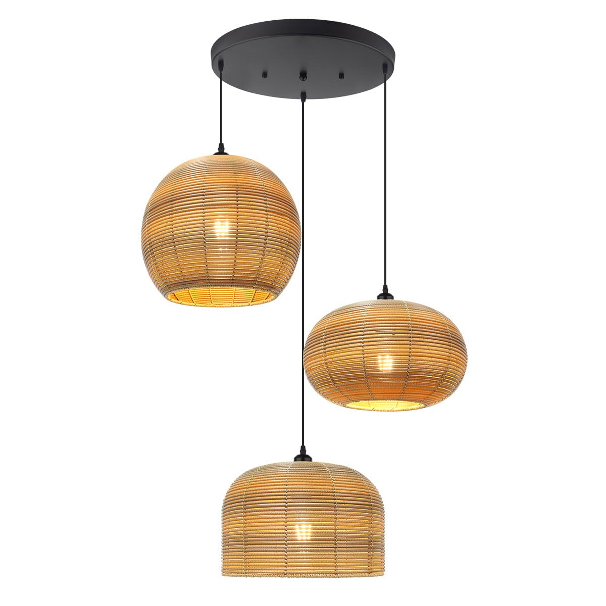 AOODU Rattan Pendant Light Large Hand Woven Chandelier 3-Lights Boho Pendant Light Fixture Woven Basket Wicker Shade Farmhouse R