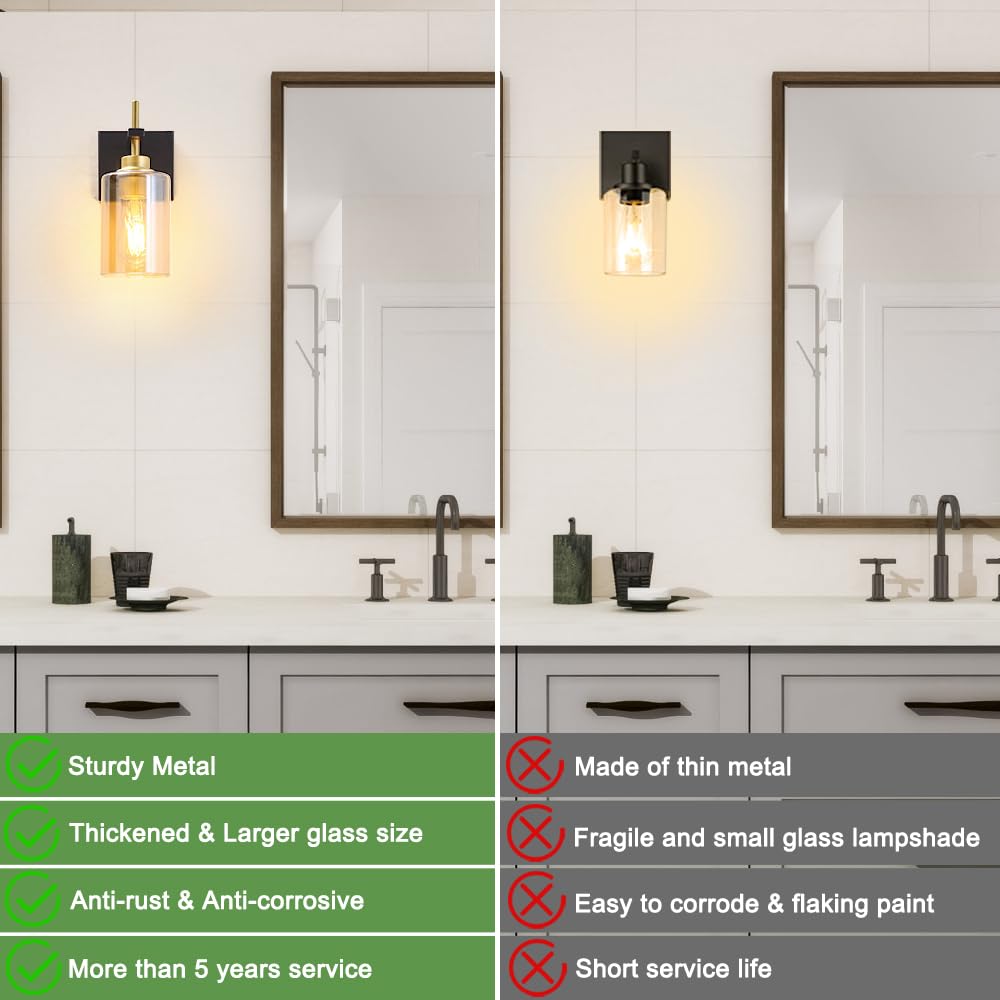 DSMJFU Modern Bathroom Light Fixtures, Black and Gold Wall Sconces, Hardwire Amber Glass, Model DX23001V1B&G-AM-2, Set of Two