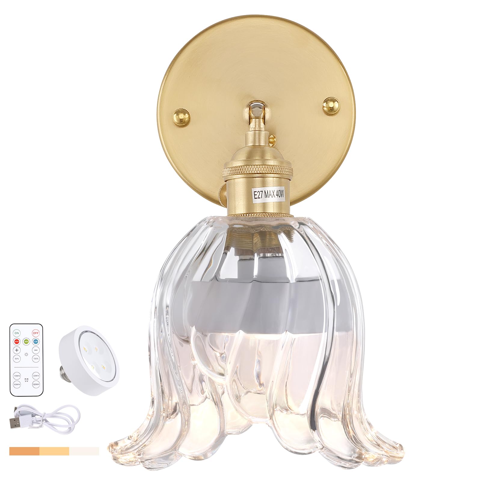 Shenmoyl Vintage Battery Operated Wall Sconce, Rechargeable LED Light, Wireless, Dimmable, Glass, Transparent Lily, Model 1-94910-sconc