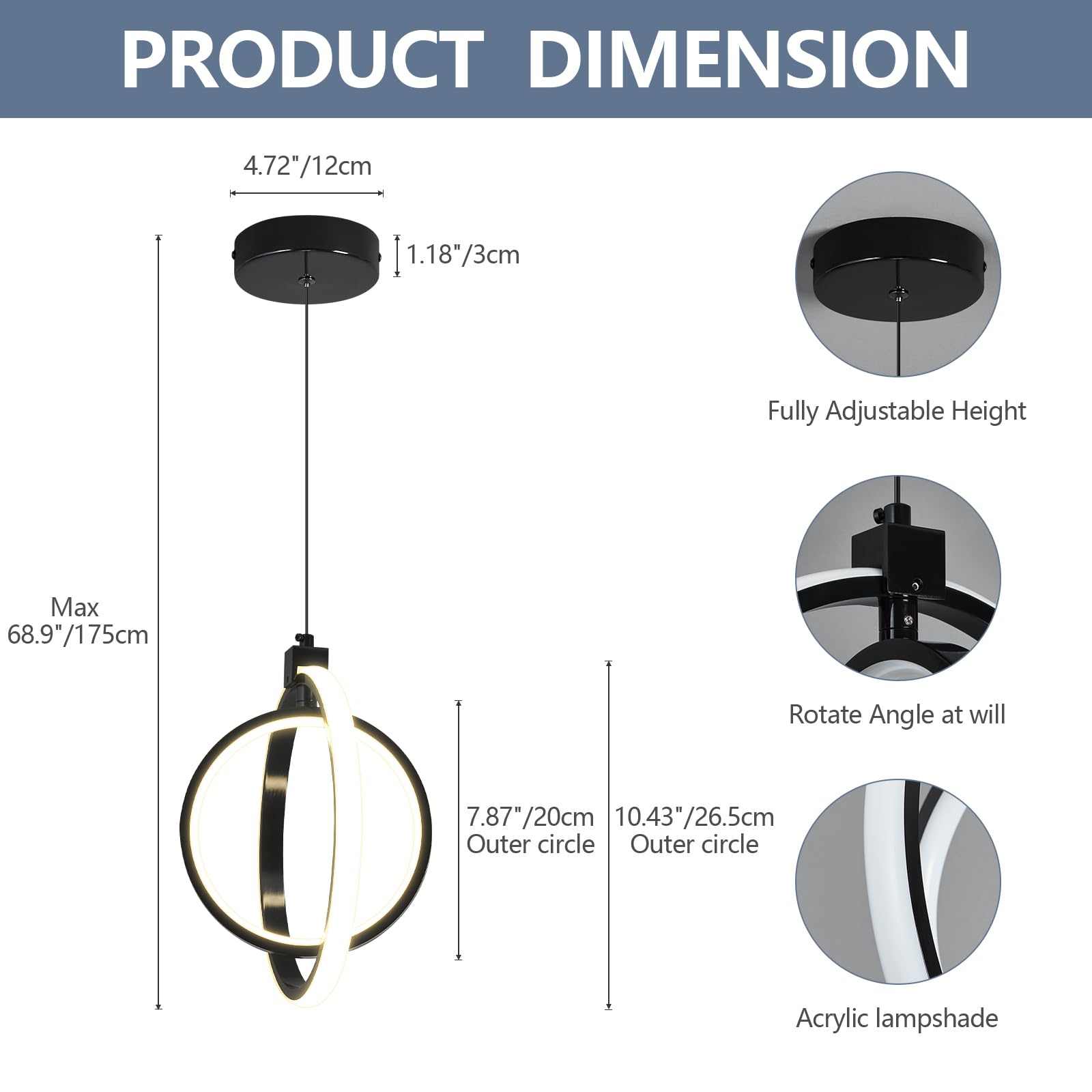BNHHLZ Modern LED Pendant Light Fixtures, 4000K Dimmable, Round 1-Pack, Plated Black, Model 6016-Plated Black-1Pack