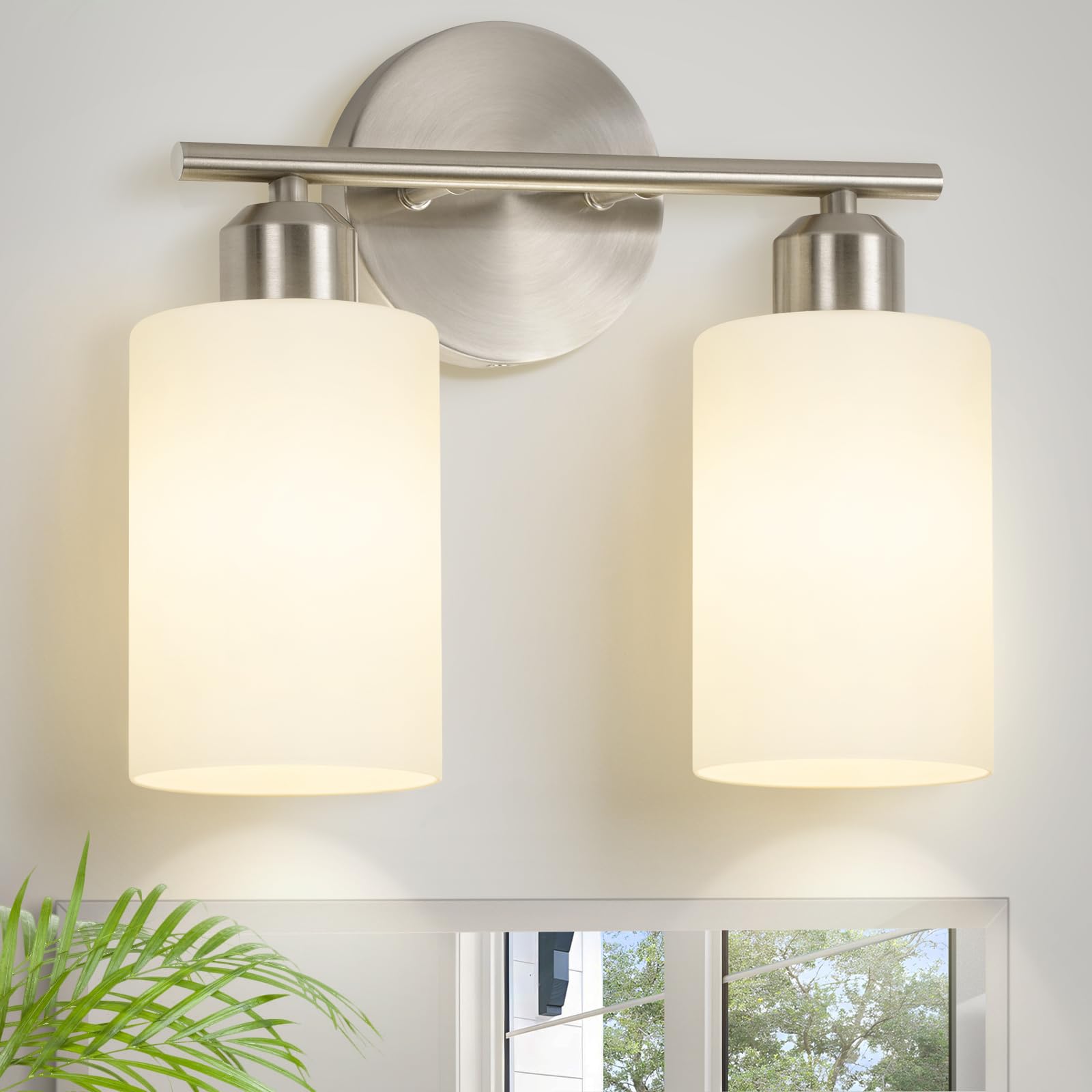 Seable Brushed Nickel Bathroom Light Fixtures, 2-Light Modern Vanity Light Over Mirror, Wall Sconces With Milky White Frosted Gl