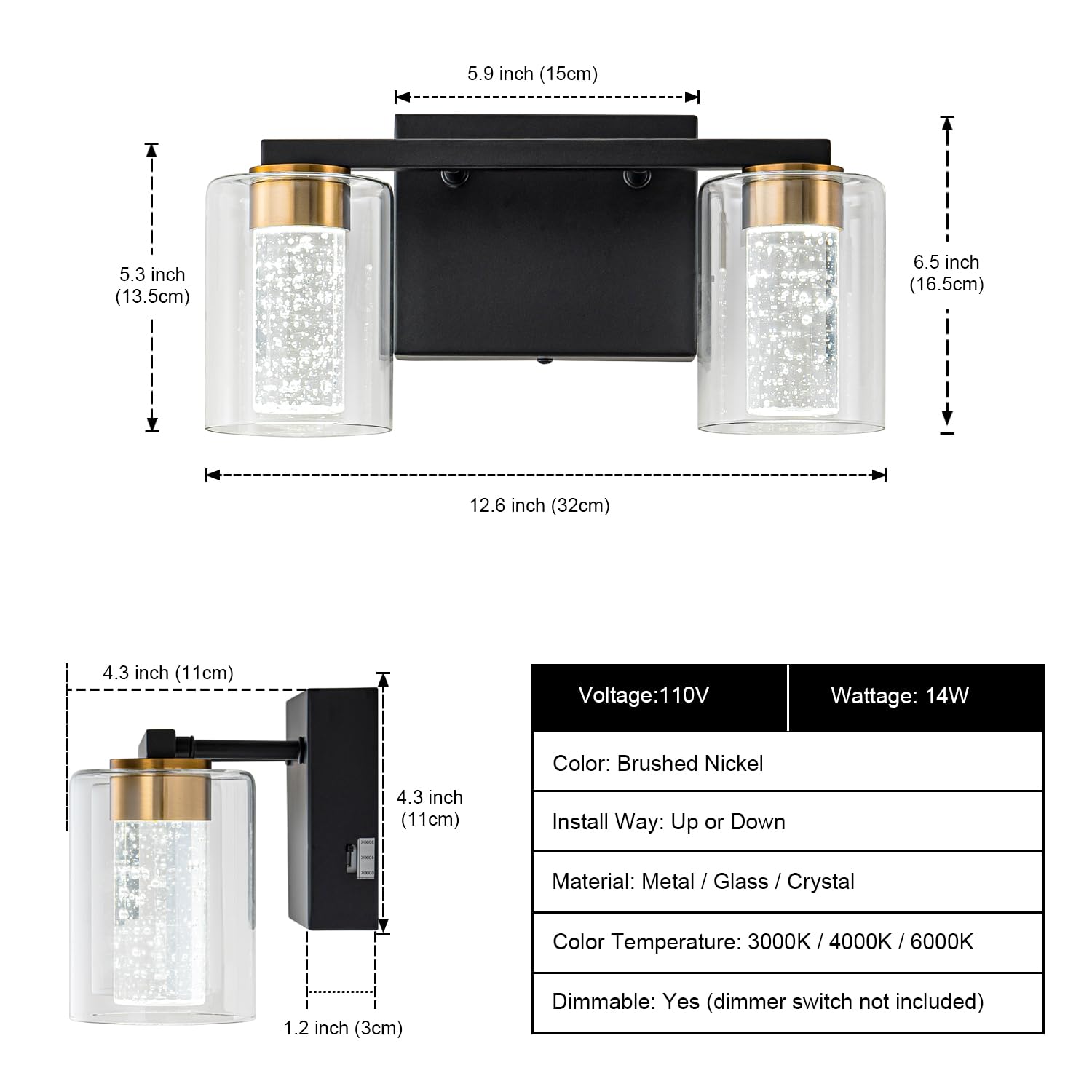SineRise 2-Light Modern Vanity Light, Dimmable LED, Black-Gold, 3 Color Modes, Glass Shade, Model 02389336