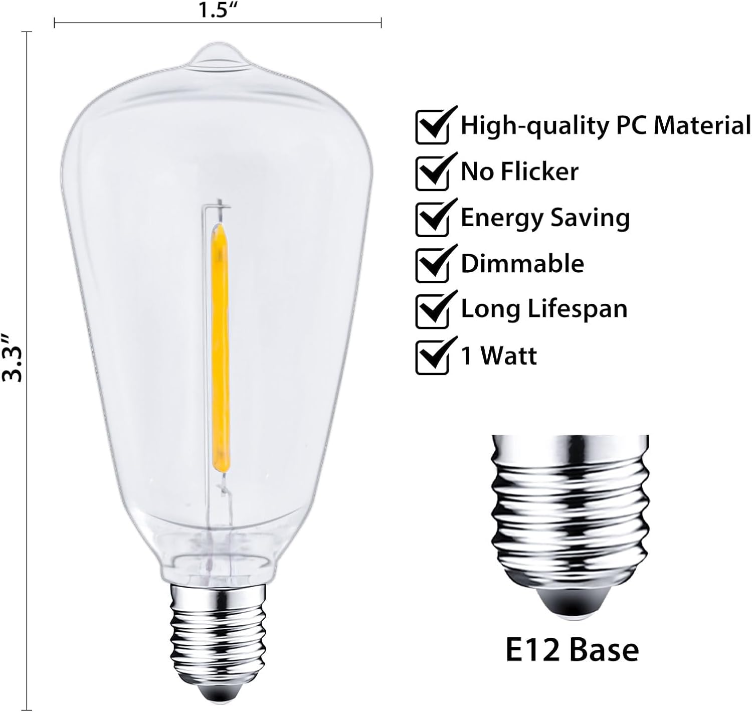 Filltown ST38 LED Edison Bulbs, 10-Pack, 0.6W E12 Base, 2700K Warm White, Shatterproof & Waterproof, Dimmable, Clear