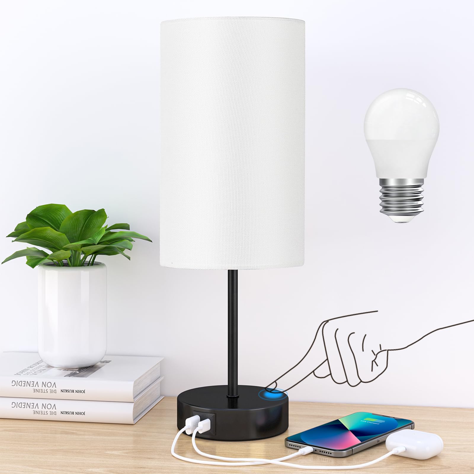 AKASUKI Table Lamp, 3 Way Dimmable Touch, 14.25 in, Metal, White Shade-Black Base, Model XTD-Y, LED Bulb Included