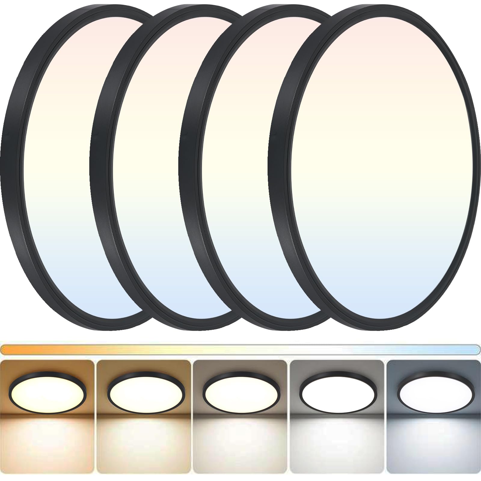 DINGLILIGHTING 4Pack LED Flush Mount Ceiling Light 12in Dimmable 5CCT 24W Black