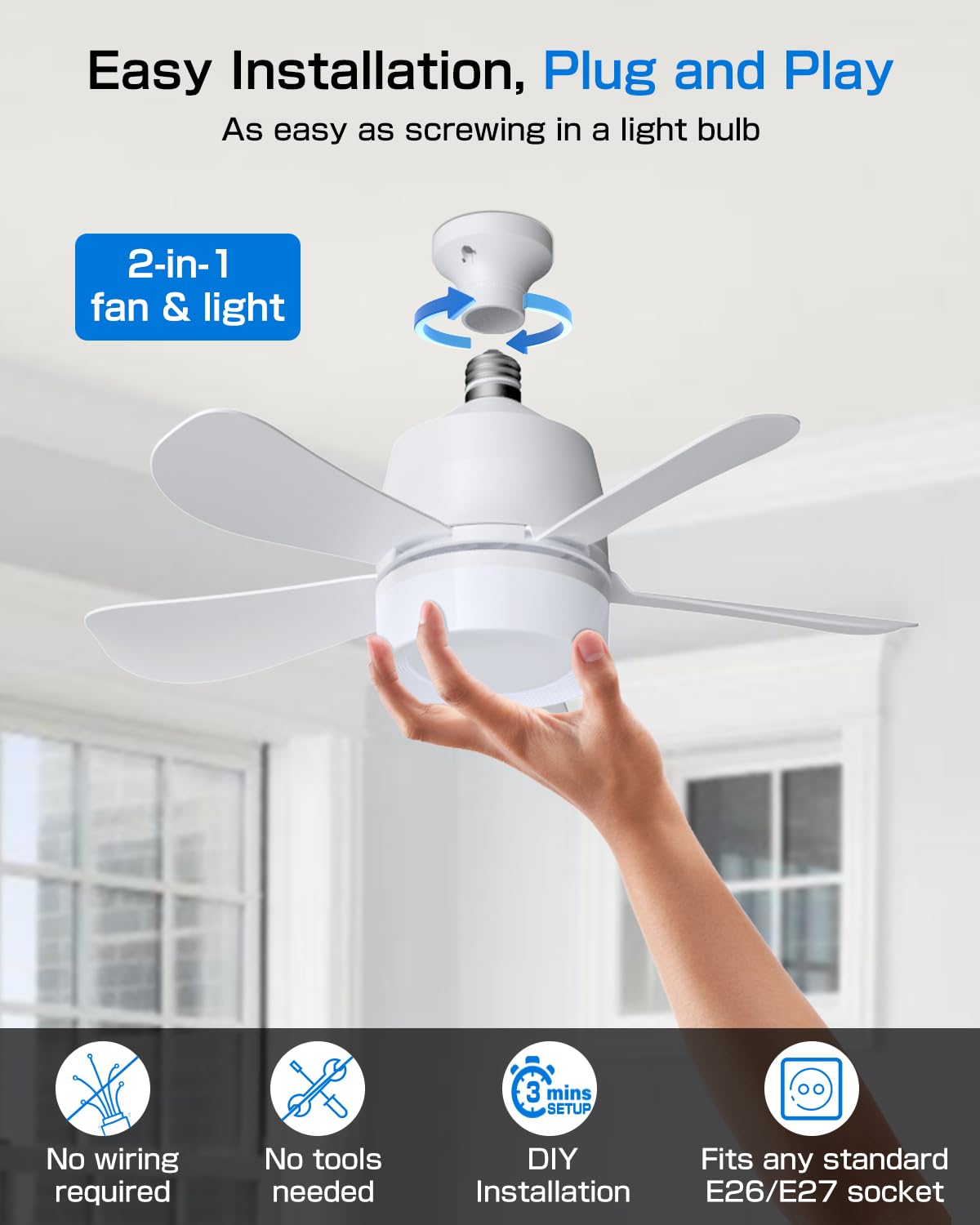 Eonini 2-in-1 Socket Fan Light with Remote, Dimmable LED, 1000LM, White, Model FS400-A1, Easy Install for Bedroom, Kitchen, Garage,