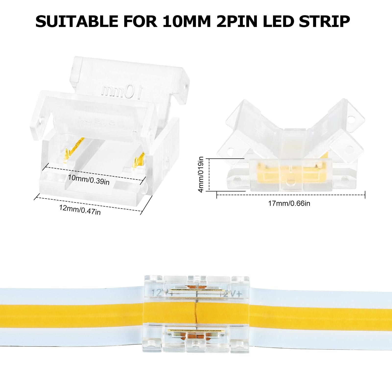 Lightingwill Led Connectors 2Pin 10Mm, 10 Pcs Strip To Wire Connector Transparent Solderless, Led Tape Light Connector No Dark A