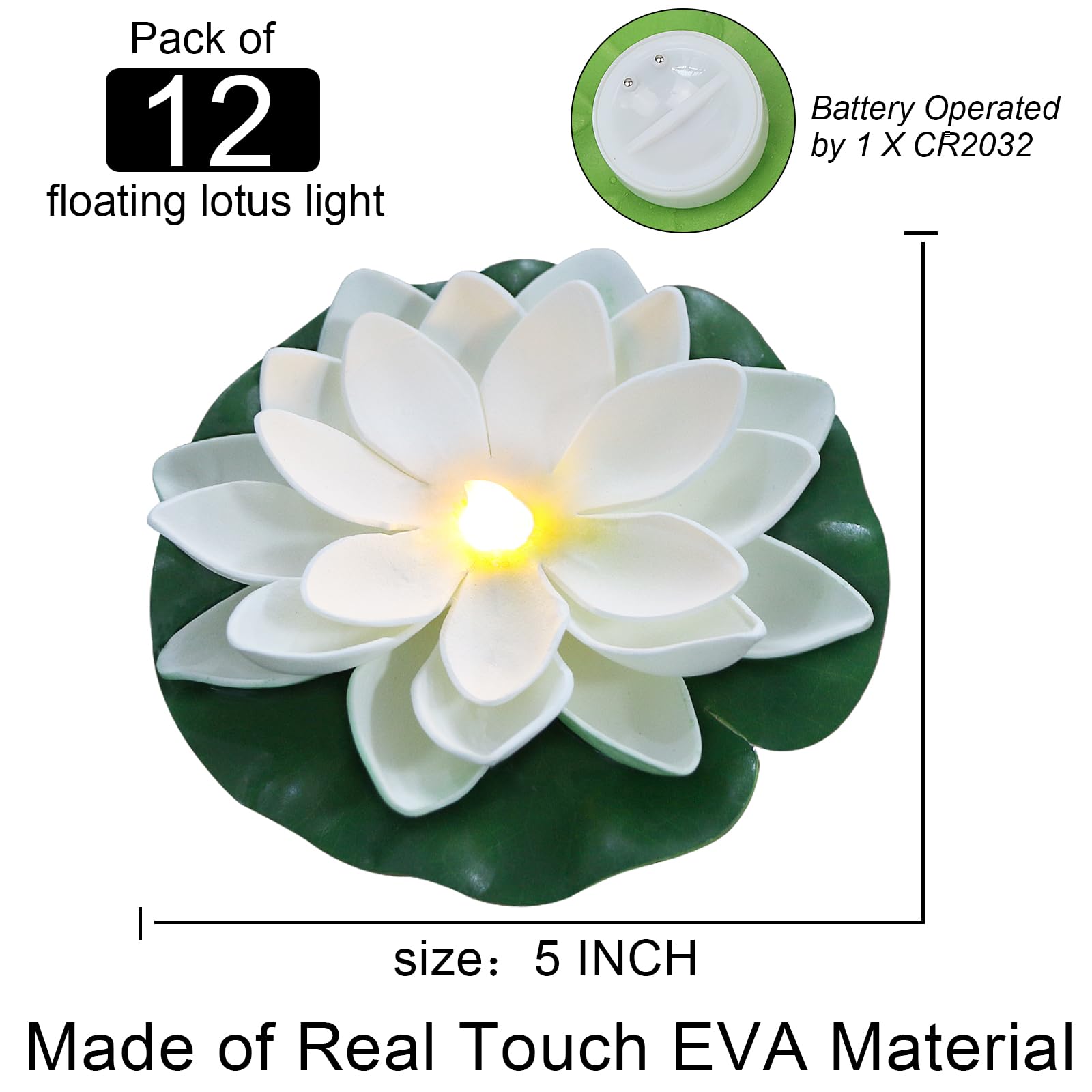 LACGO 12 PCS Waterproof Floating Lotus Light - Battery Operated Warm White Flower Lamp for Pool, Wedding, Garden Decoration
