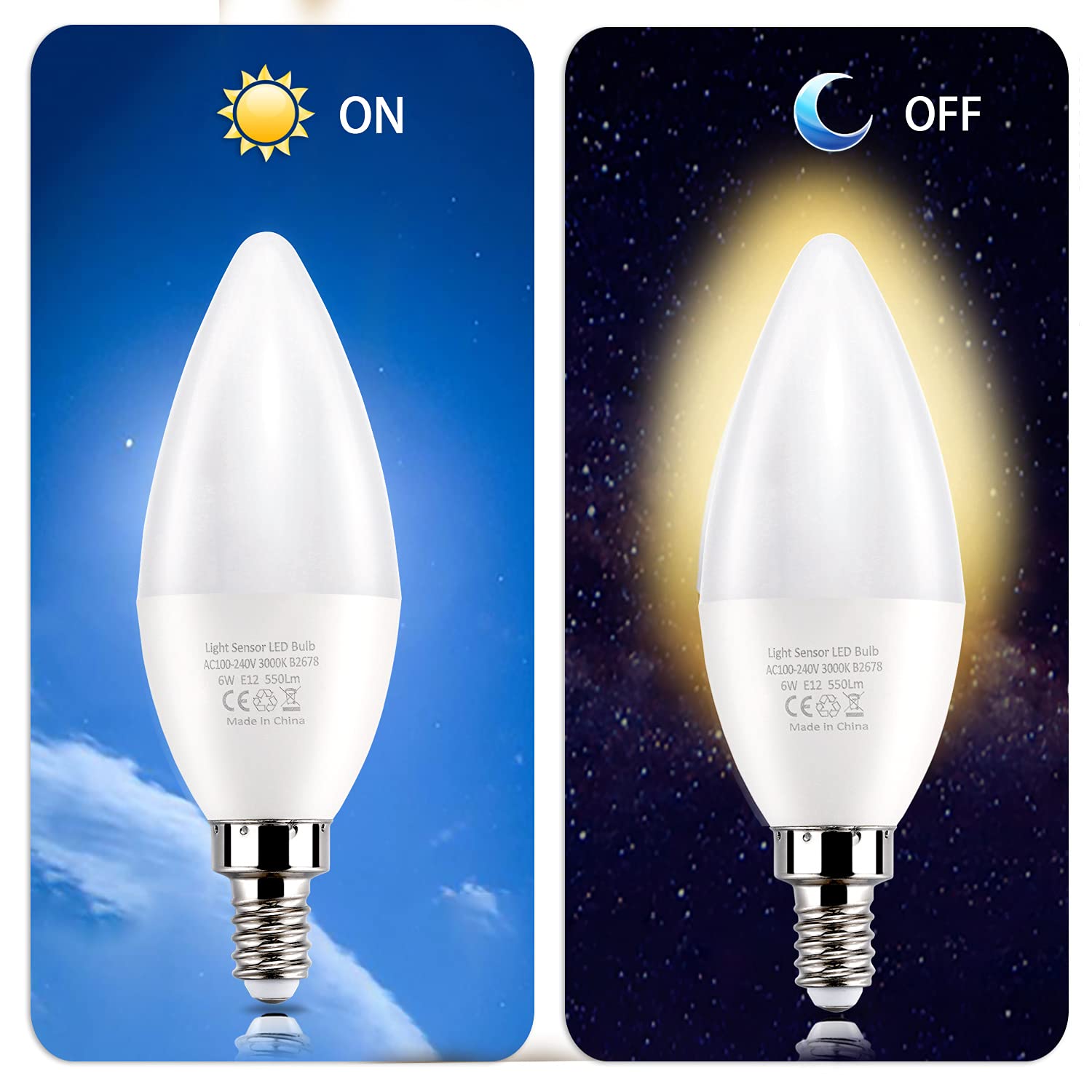 LEKE Dusk to Dawn E12 Light Sensor Bulbs, 3000K Equivalent, 60W, Warm White, 4 Count, Candelabra LED Bulbs