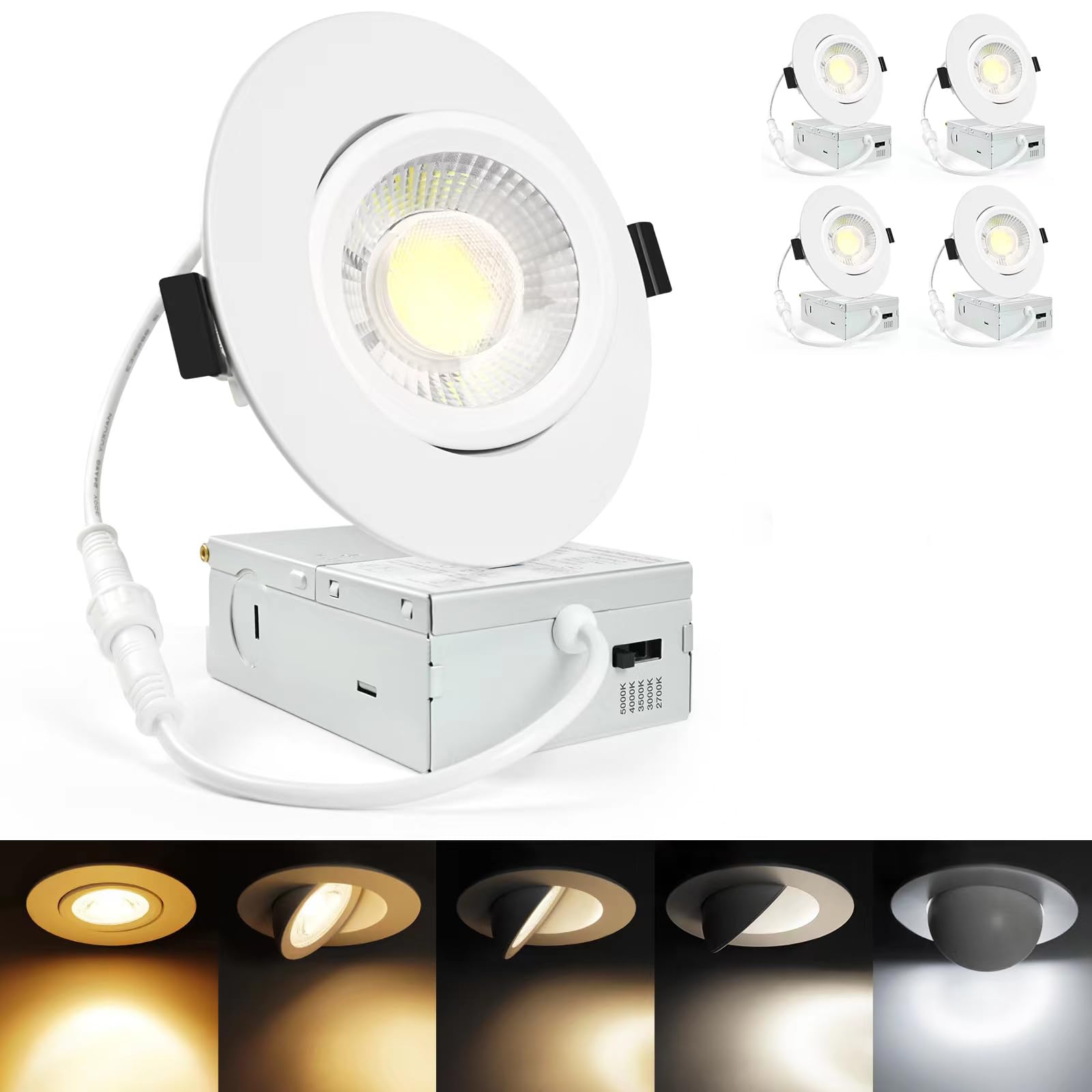 LTpro 4 Inch Gimbal LED Recessed Light, Dimmable 12W, Waterproof, 2700K-5000K, Aluminum, 4 Pack, COB-4inch