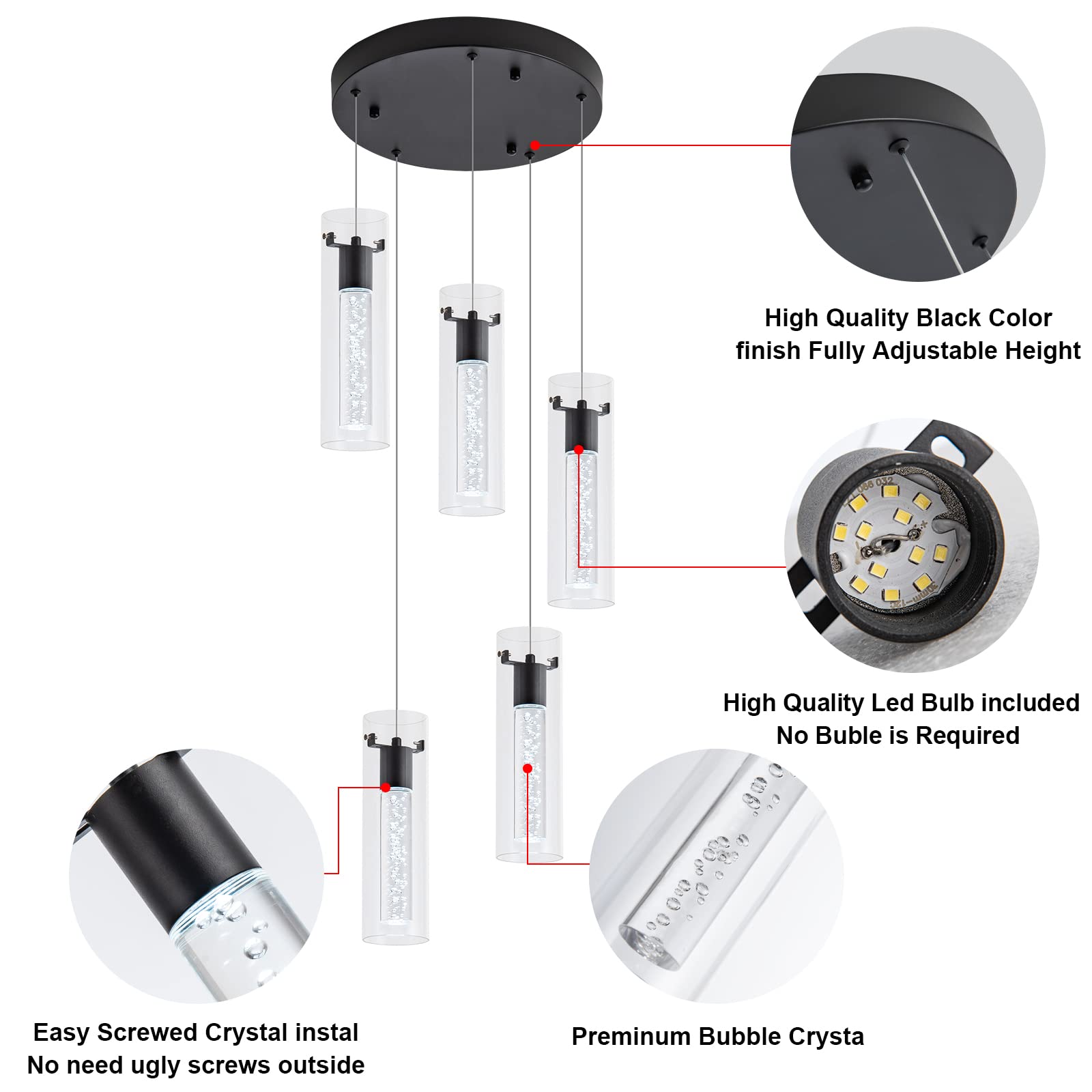 votag LED Pendant Light, 5-Light Over Island, Black Aluminum Model PI-0172A5R-40W-BK