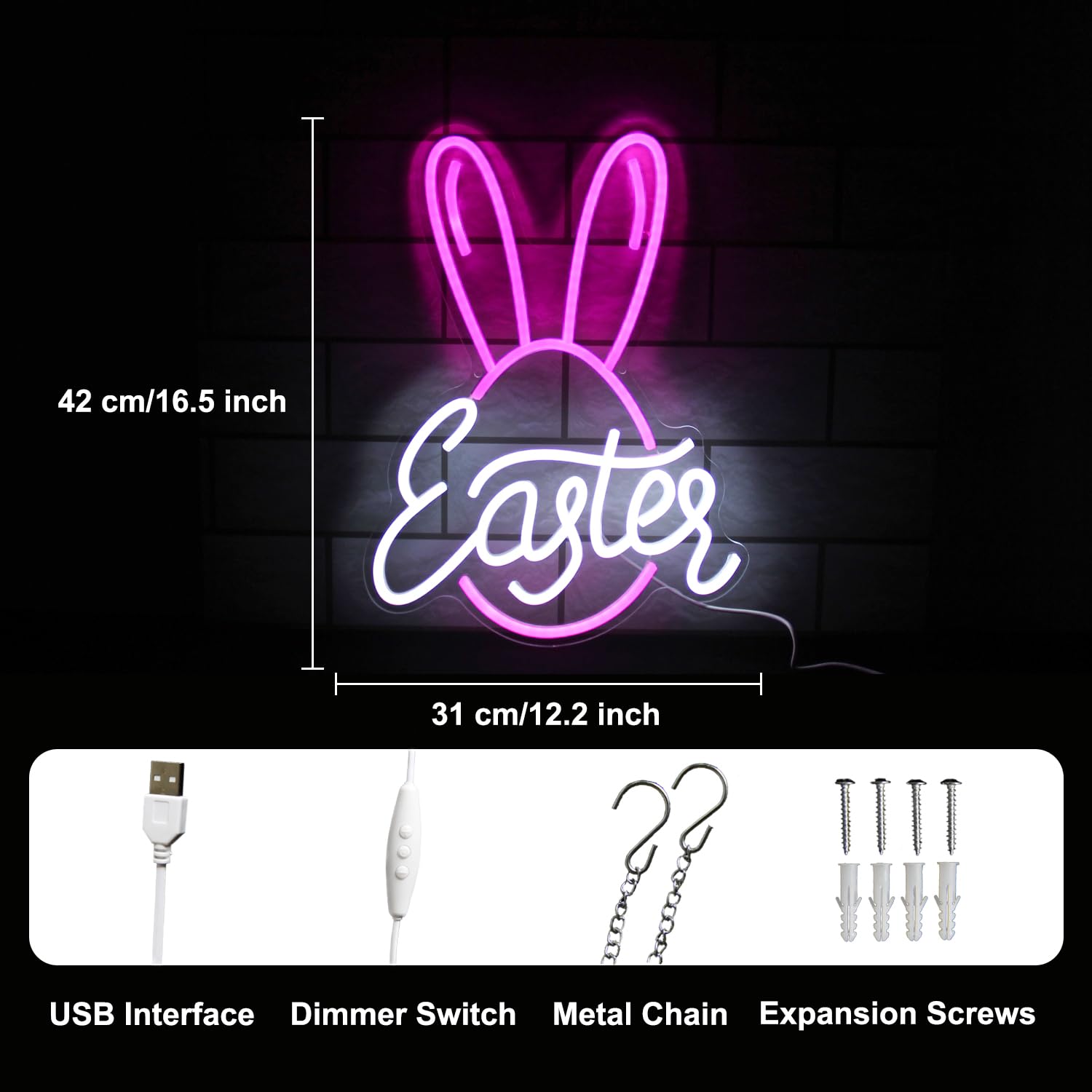 Kullneon Easter Bunny Neon Sign Pink Easter Egg Neon Light Rabbit Ears LED Neon Signs for Wall Decor Easter Day Neon Light Sign