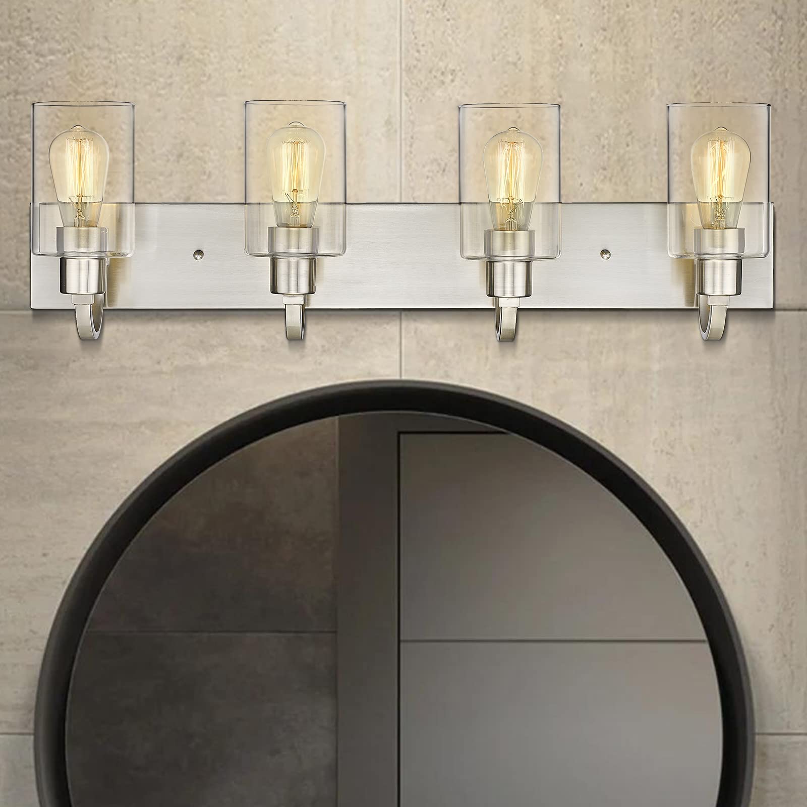 Emliviar 4-Light Brushed Nickel Vanity Light Fixture With Clear Glass - Modern Bathroom Lighting