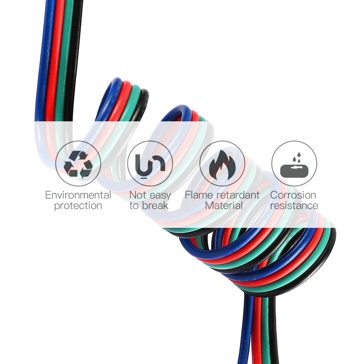 EvZ 22AWG 4 Pin Extension Wire, 33ft/10M, Copper, Black-Green-Red-Blue, for RGB LED Strips 3528 5050,