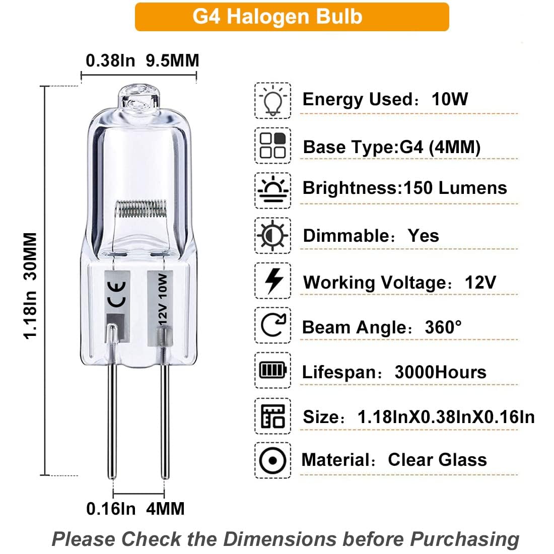 G4 Bulb, 20 Pack Halogen G4 12V 10W With G4 Bi-Pin Base, High Output G4 Light Bulb 12V 150Lm 3000Hrs Long Lifetime, G4 Dimmable,