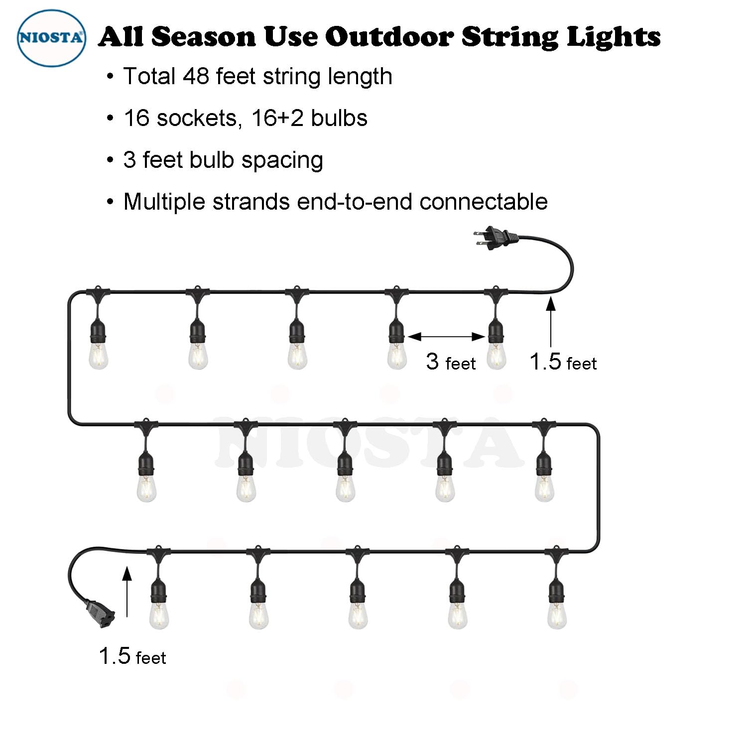 NIOSTA Outdoor Hanging String Lights, 48Ft, 16 LED S14 Vintage Bulbs, Dimmable, Waterproof, 2700K Shatterproof Plastic Bulbs