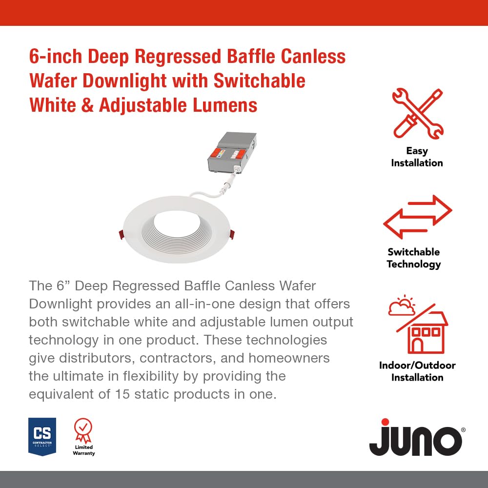 Juno Wf6 Dreg B Alo20 Sww5 90Cri Mw M6 Canless Wafer Recessed Led Downlight, Deep Regressed Baffled Trim Style, 6-Inch, Matte Wh