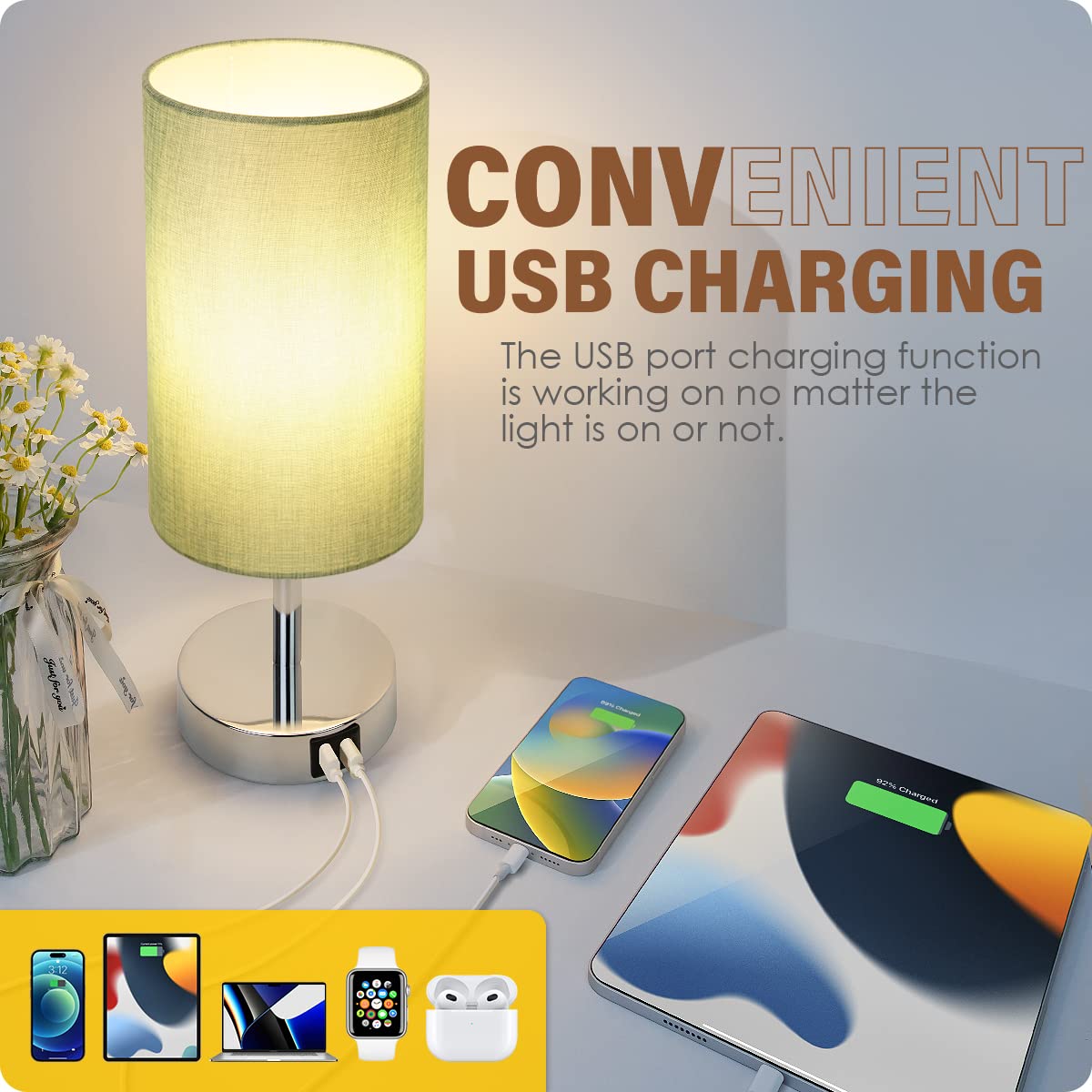Yarra-Decor Touch Control Bedside Lamp with USB Port, 3 Way Dimmable, Light Denim Blue Shade, LED Bulb Included