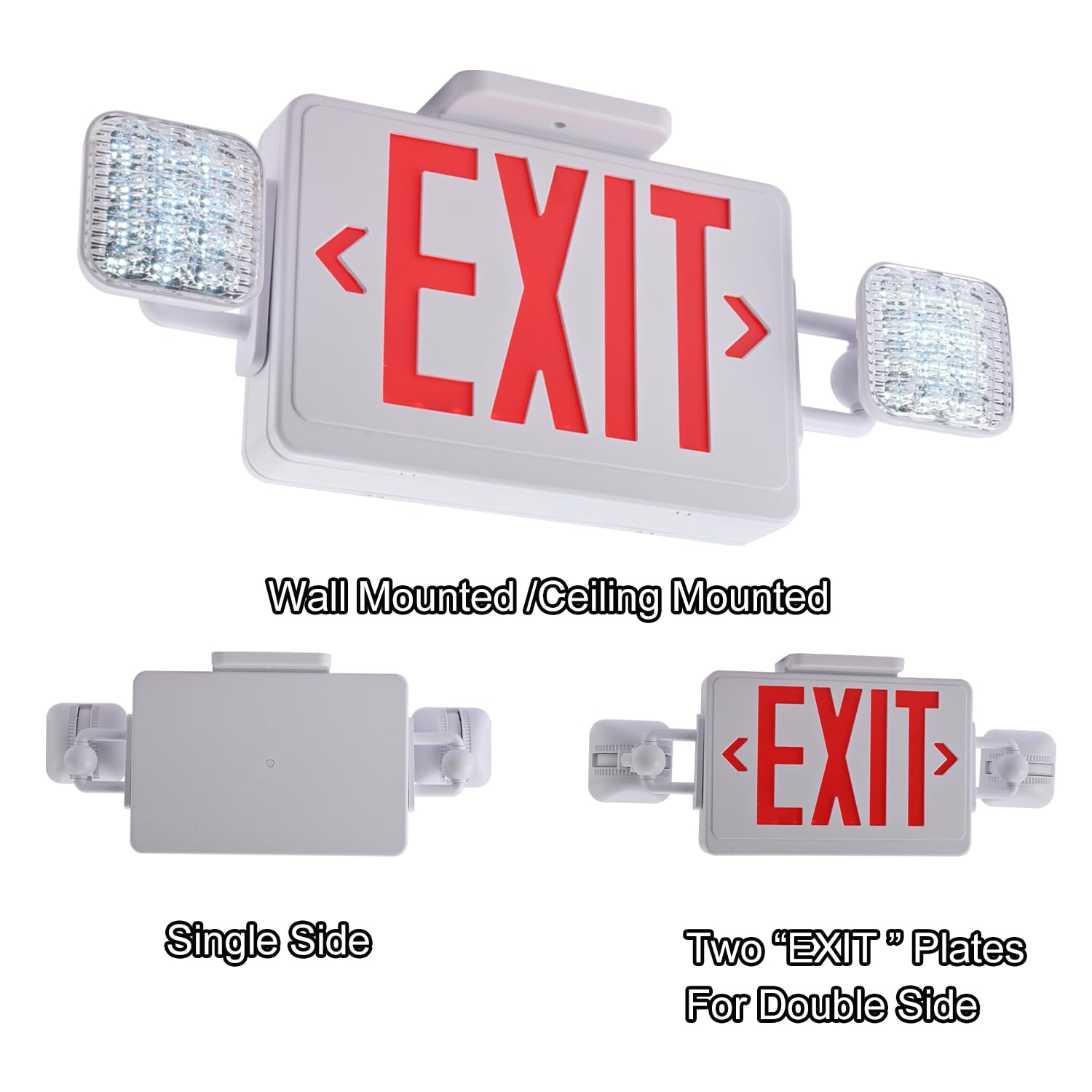 Apmeetlux Emergency Exit Sign - Red LED Lights, 200lm, 3-Hour Battery Backup, Double Face, White Housing, Model EMGT05-EXIT-R
