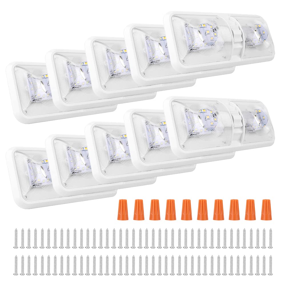 Rvzone 12V Led Rv Ceiling 1100 Lumen Double Dome Light | Frosted Rv Interior Lighting Fixture For Rv Trailer Camper Truck Van Boat Car (10 Pack Natural White 4000-4500K)