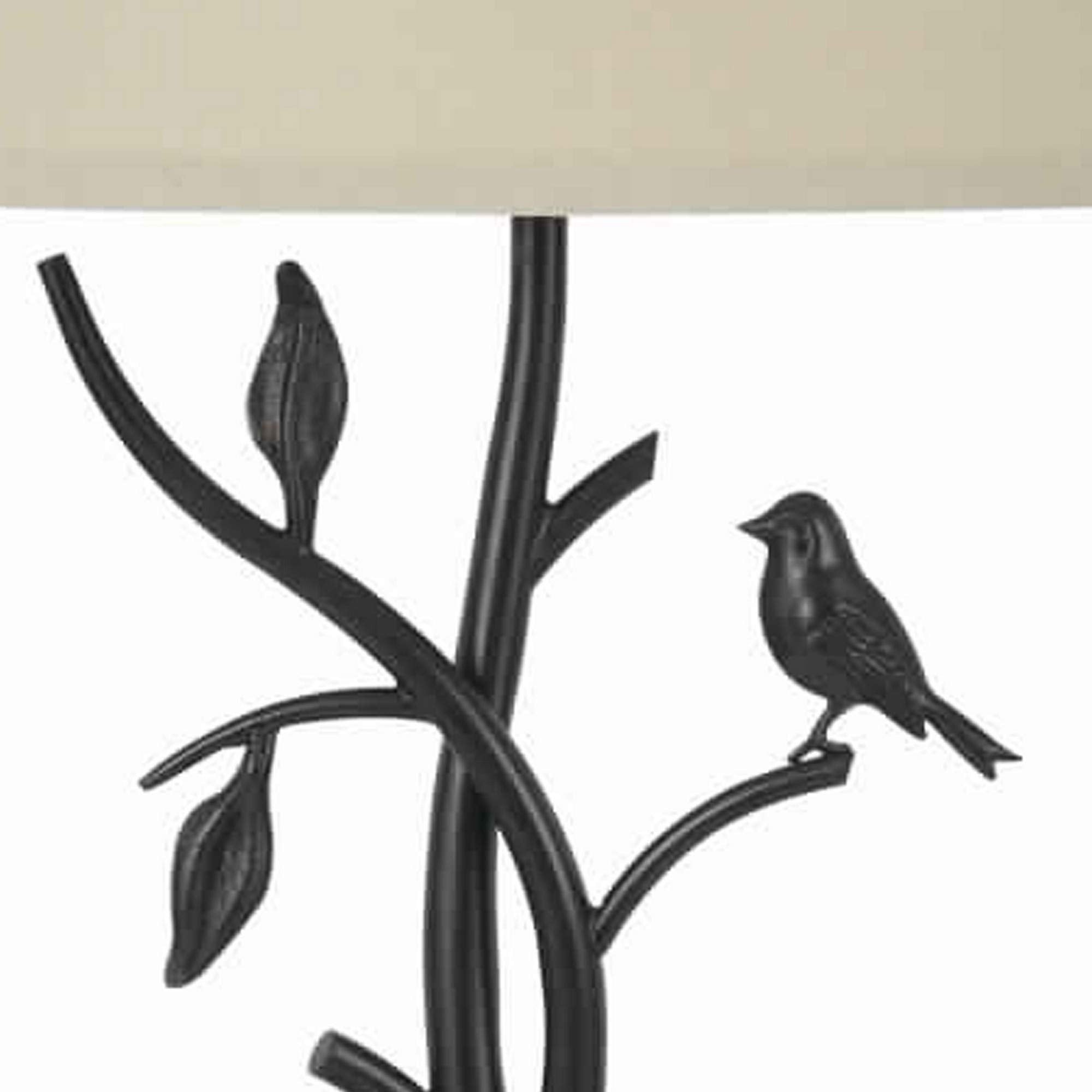 Benjara Metal Tree And Bird Body Table Lamp With Tapered Shade, Black And Beige