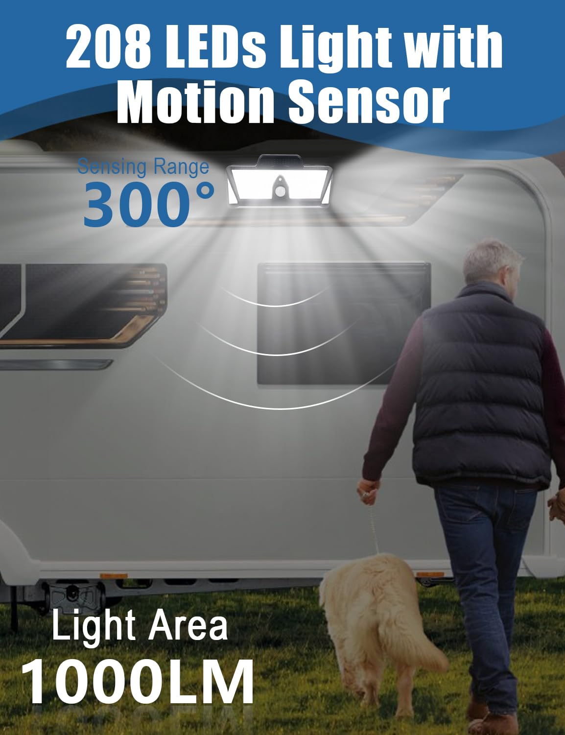 Chelhead Solar RV Exterior Light, 208 LED Amber White, Motion Activated, Remote Control, 9 Inch, ABS Plastic, Model CHEL-SOLARLIGHT-001