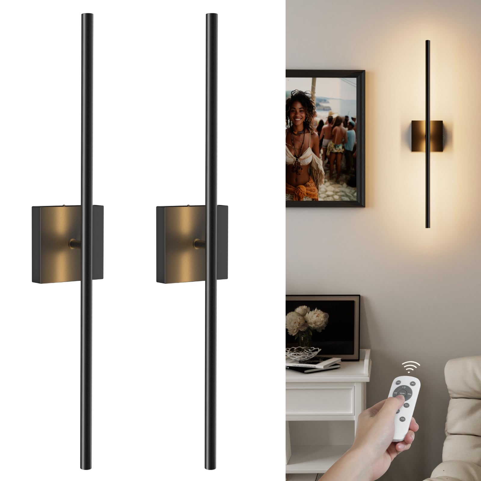 Volisun Battery Operated Wall Sconce Set Of Two, Black Rechargeable Wall Lights With Remote Control, 3000K-6500K Dimmable Wall L