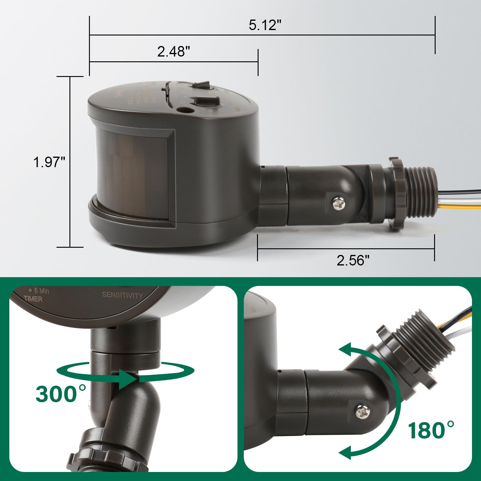 treewell Motion Sensor 180° Adjustable Detection 60ft Range Brown TMD180A UL Listed