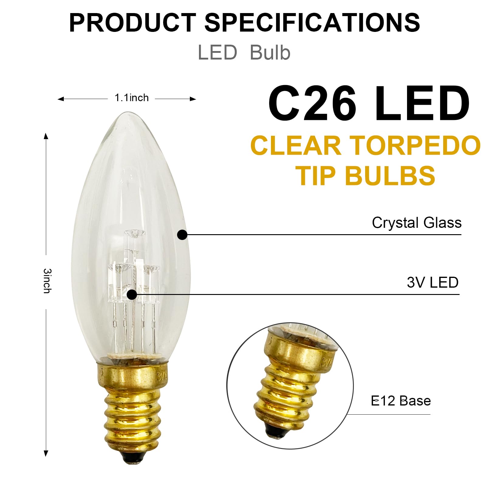 Doratale 6 Pack C26 LED Night Light Bulbs, E12 Candelabra Base, Warm White 2700K, Glass, Ideal for Battery Operated Window Candles