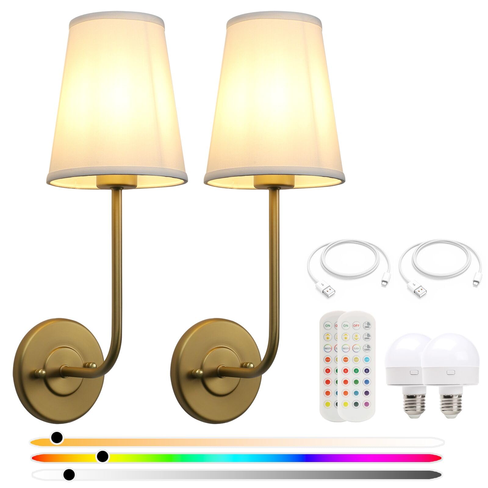 Pathson Battery Operated Wall Sconce Light Set of 2, Rechargeable Dimmable, Antique Brass, Remote Control, Model XLUS3002X2