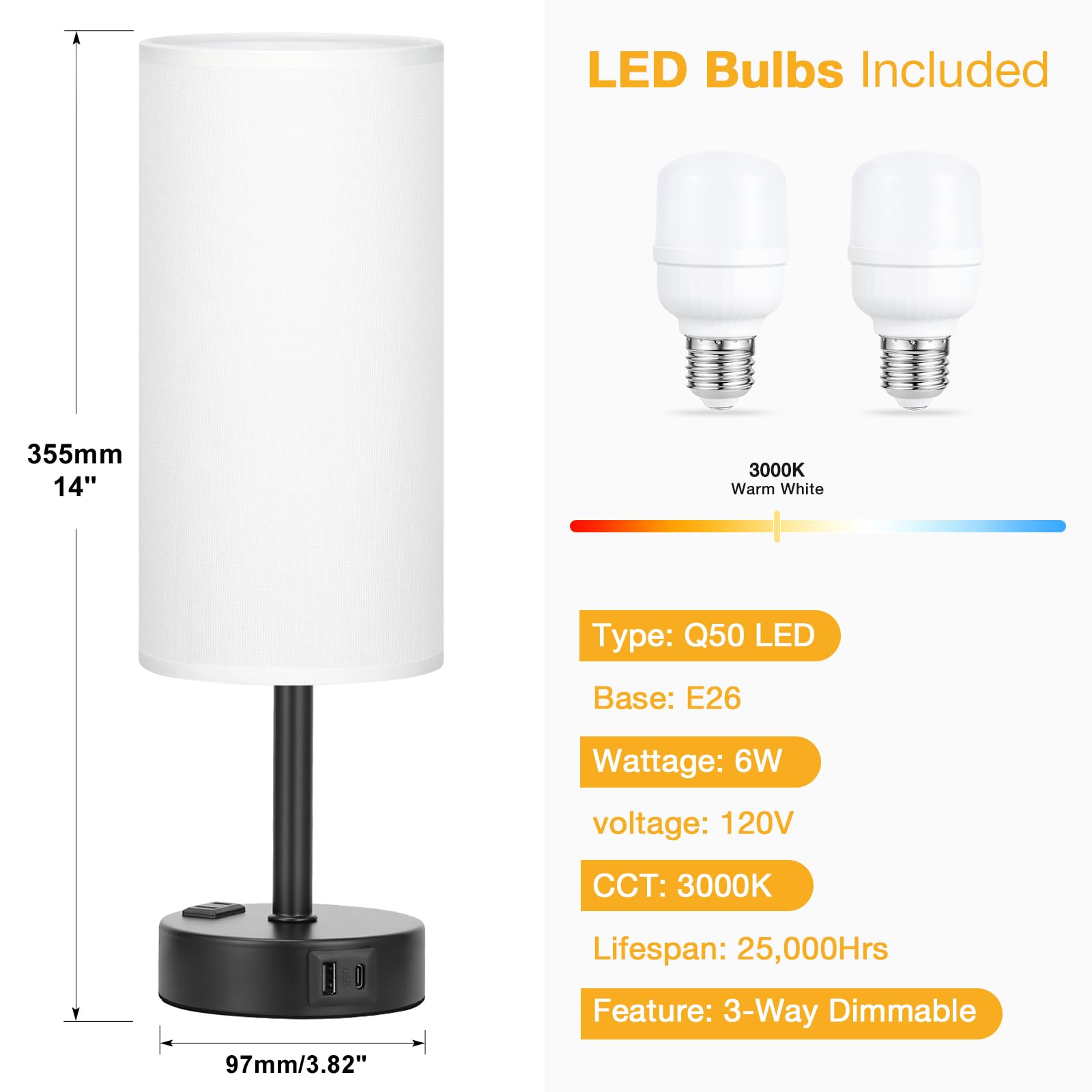 White Bedroom Lamps Set Of 2-3 Way Dimmable Touch Table Lamps With Usb C And A Ports, Bedside Lamps For Nightstand With Ac Outle