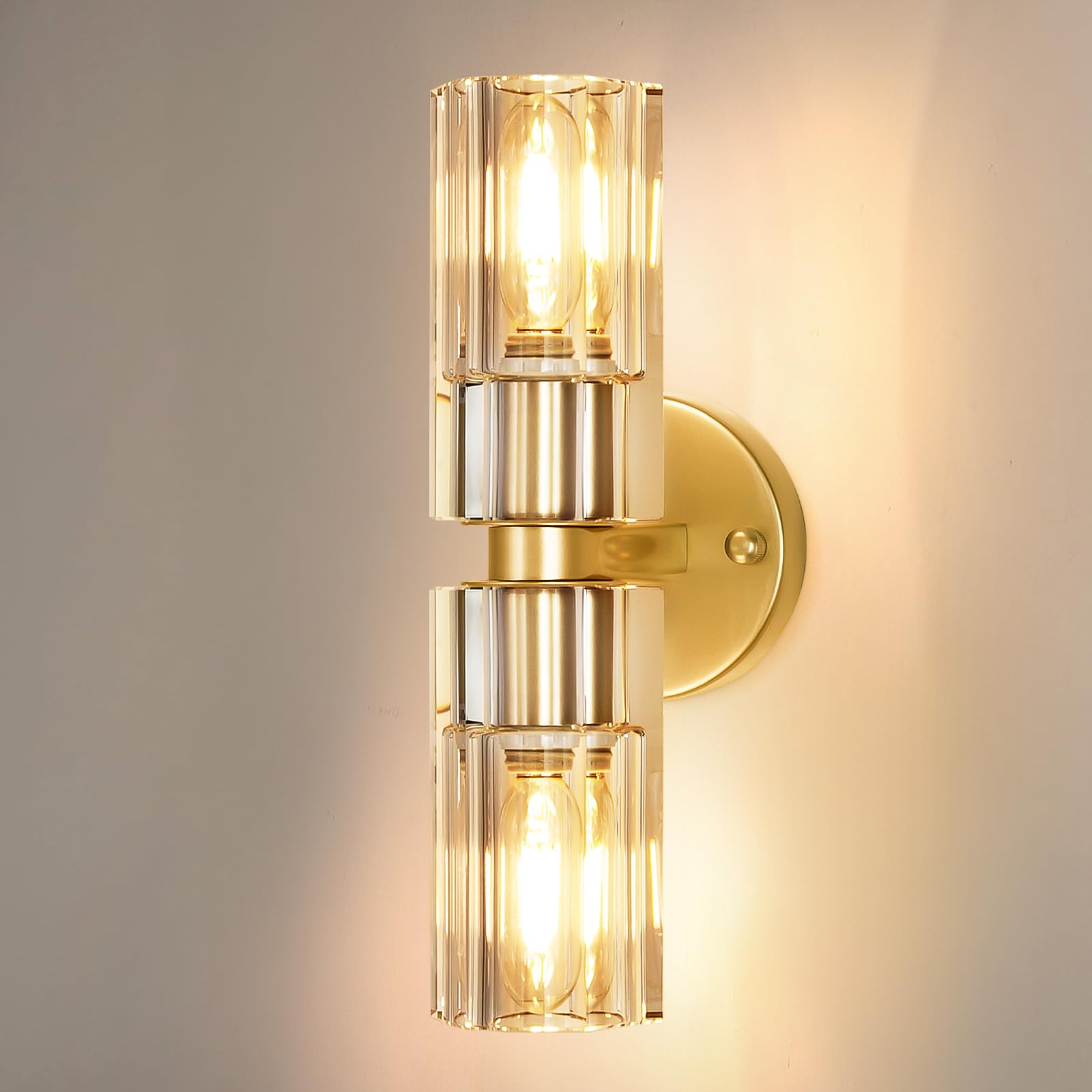 Vookea Gold Wall Sconce  Modern Bathroom Sconces Wall Lighting Vanity Light Fixtures with Clear Crystal  Hardwired Brushed Brass Wall Mount Lights for Living Room Corridor Mirror Bedroom Stairs
