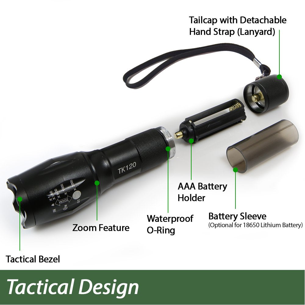 EcoGear FX LED Flashlights - 5 Light Modes, Zoomable Beam - Black - Model TK120-2PK - 2 Pack