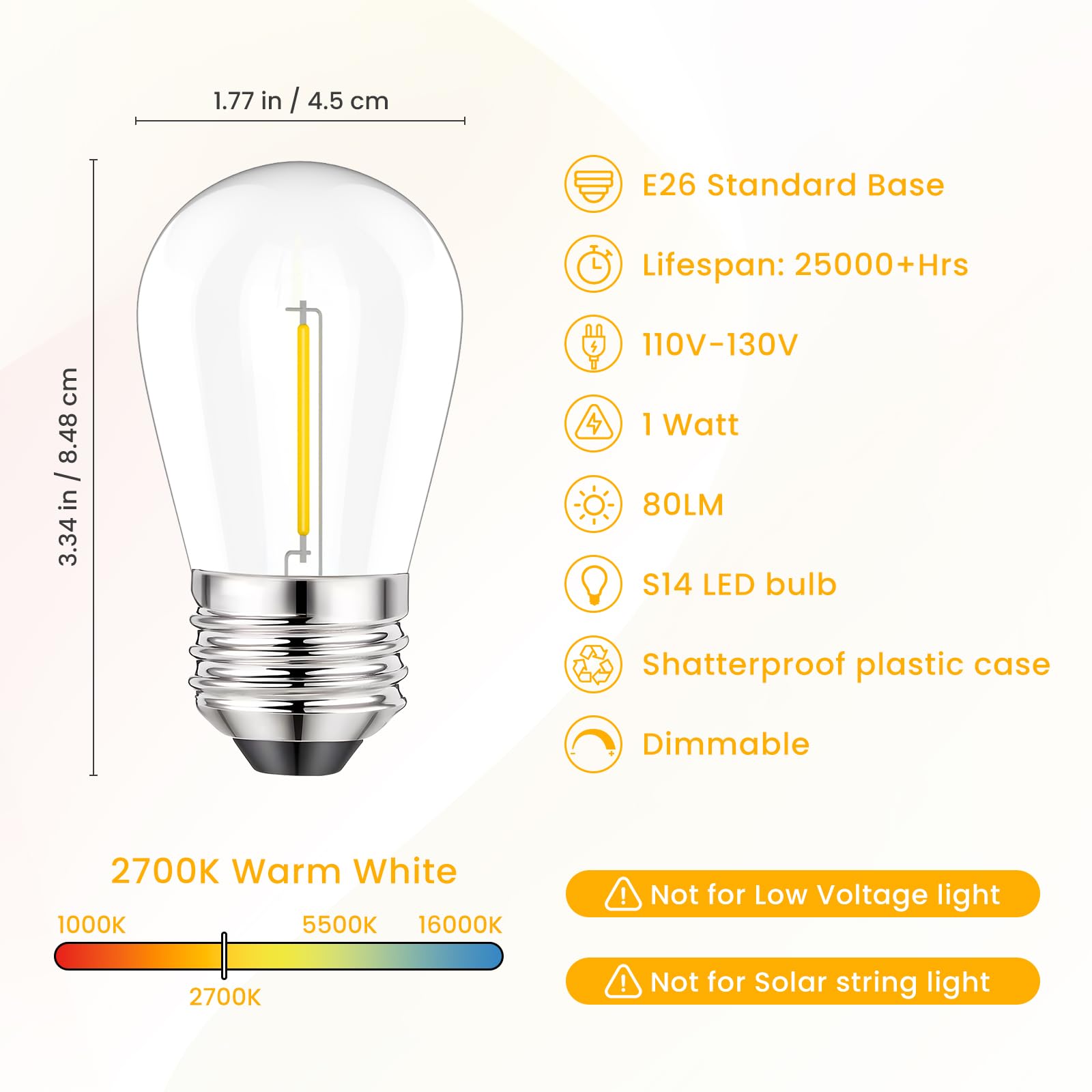 Svater Replacement Bulbs For Outdoor String Lights, 15 Pack S14 Led Bulbs For Patio, E26 Base 1W Bulb Equal To 11W Incandescent,
